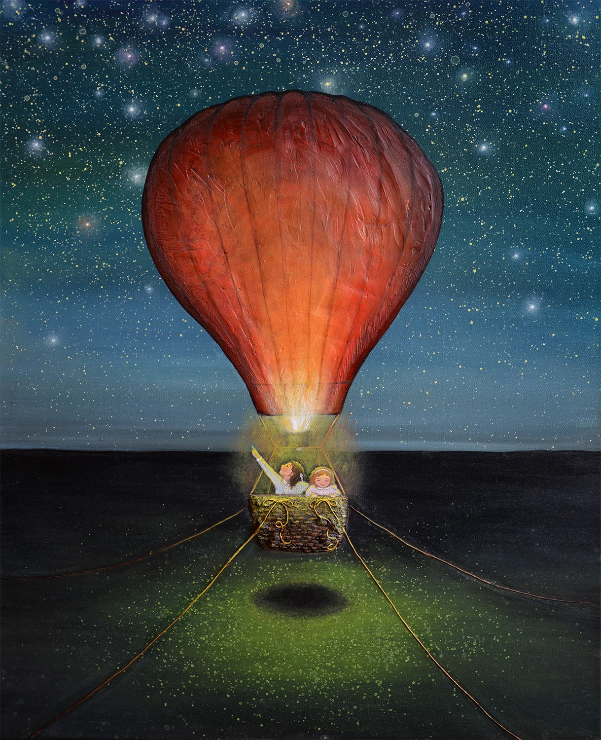 THE GLORIOUS FLIGHT TO COME 24X30 Mixed-Media Acrylic on Gallery Canvas SOLD This is a painting of the hope of Heaven and how that hope chases fear away. See how the one little girl has her arm around the other and is pointing heavenward? I think everyone needs a friend to do that sometimes—to remind us how lovely the sky is, how big God is, and how loved we are.