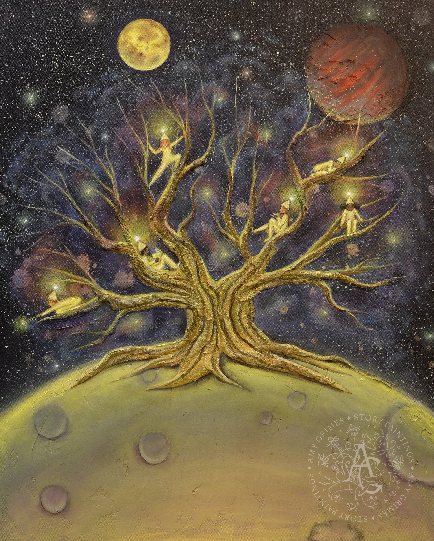 STAR CHILDREN IN THE MOON TREE 20X24 Mixed-Media Acrylic on Gallery Canvas SOLD I’m scared of heights. I realized this years ago when I was at the tip top of a terribly high roller coaster—that part where you’re moving slowly but you know you’re about to be moving quickly. That’s when I knew I preferred moving slowly and being low to the ground. My most unfavorite height would be if I were an astronaut in outer space looking back at the earth. I would miss the green so much, and the sounds of birds chirping and children laughing and life happening. There are times that feel a little bit like outer space. Loneliness feels that way to me. I hate loneliness. I hate it like I hate heights. This painting is about life glowing bright even in those outer space times. It’s about choosing to look for good, sparkly, hopeful thoughts right in the middle of the darkness.