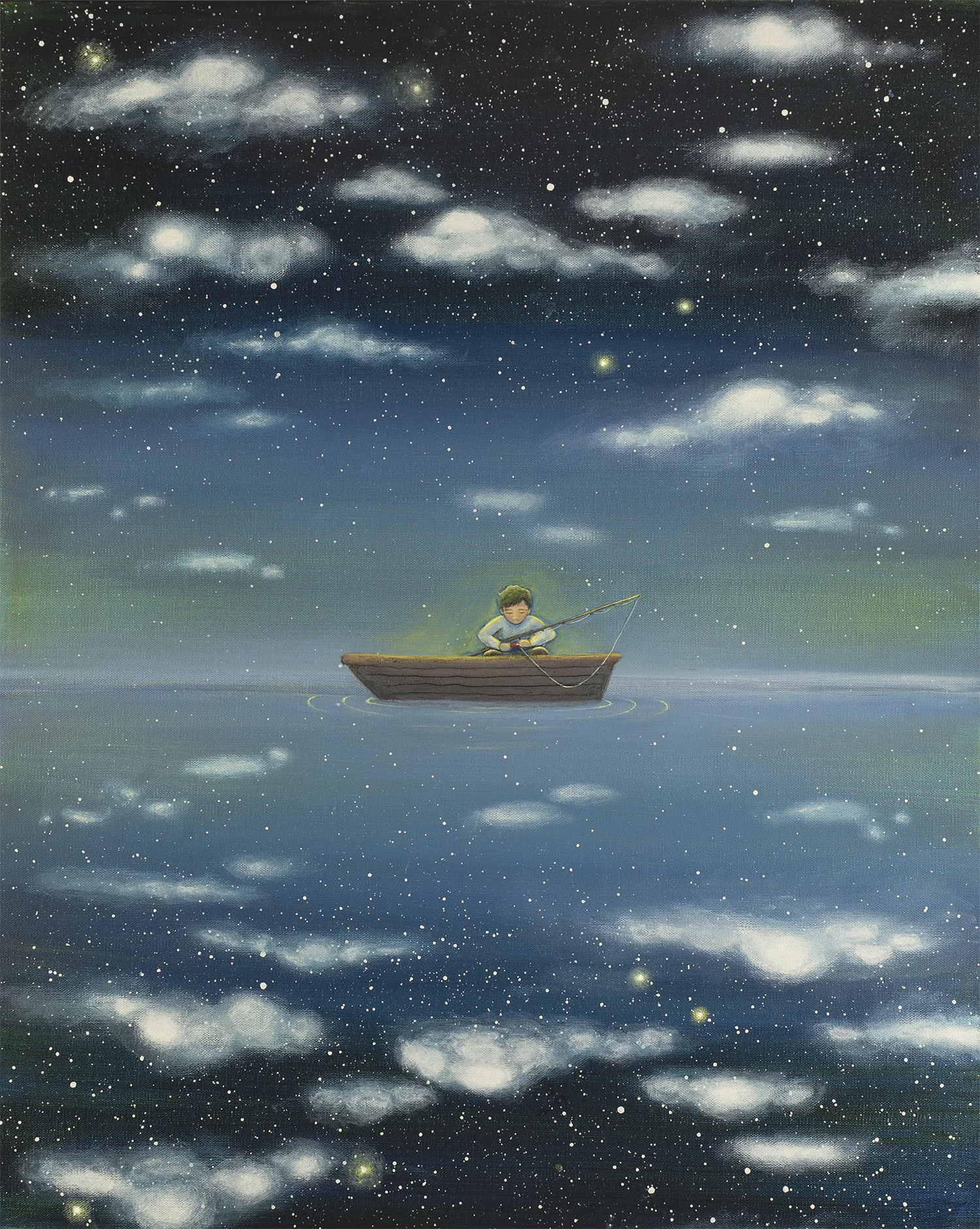 FISHING FOR STARS 20X24 Acrylic on Gallery Canvas SOLD A reflection lies between heaven and earth—smooth as a pool of glass. It’s no wonder a boy mistook it for a lake. He came to the In Between searching for Bluegill Bream and Largemouth Bass. Won’t he be surprised when he catches stars instead! Stars, moons... maybe even a world or two. Anything is possible in the In Between.