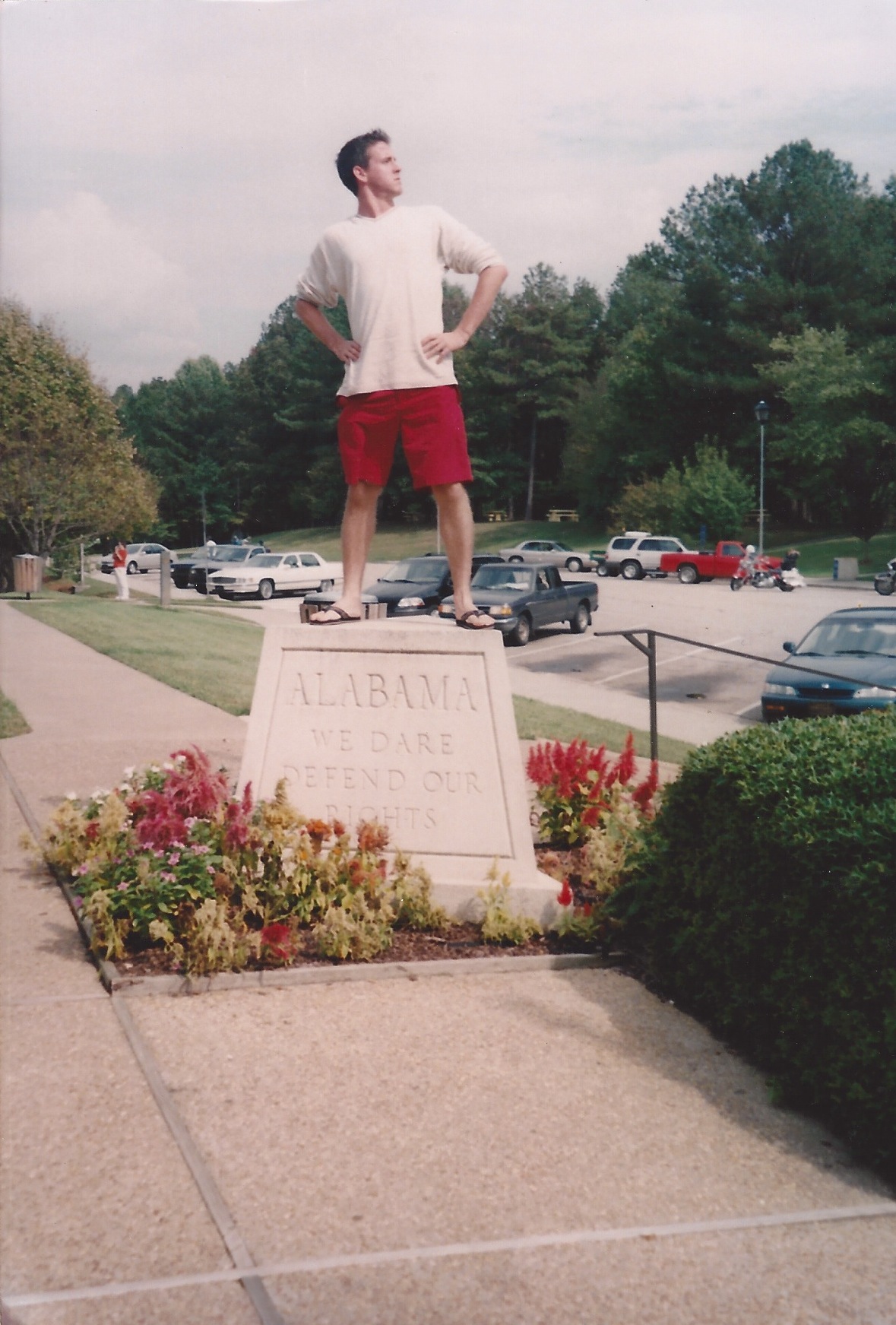 At the Alabama state line welcome center. Jason was showing a posture of defense.