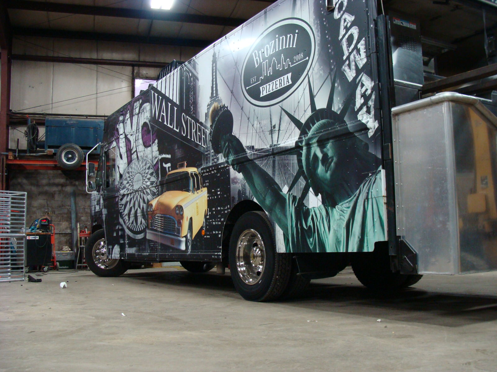 The Brozinni Pizzeria truck in the Jezroc Metalworks workshop.