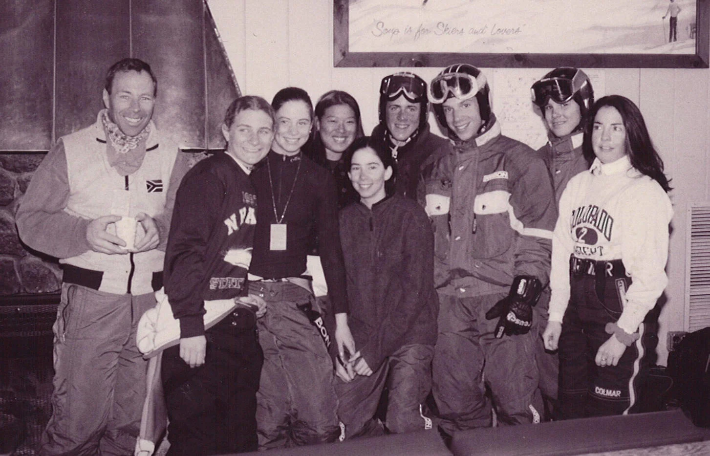 Daniel
(third from right) with teammates and
coach, Tom Barbeau (left), at the Junior Olympics, Whiteface, January
1999.