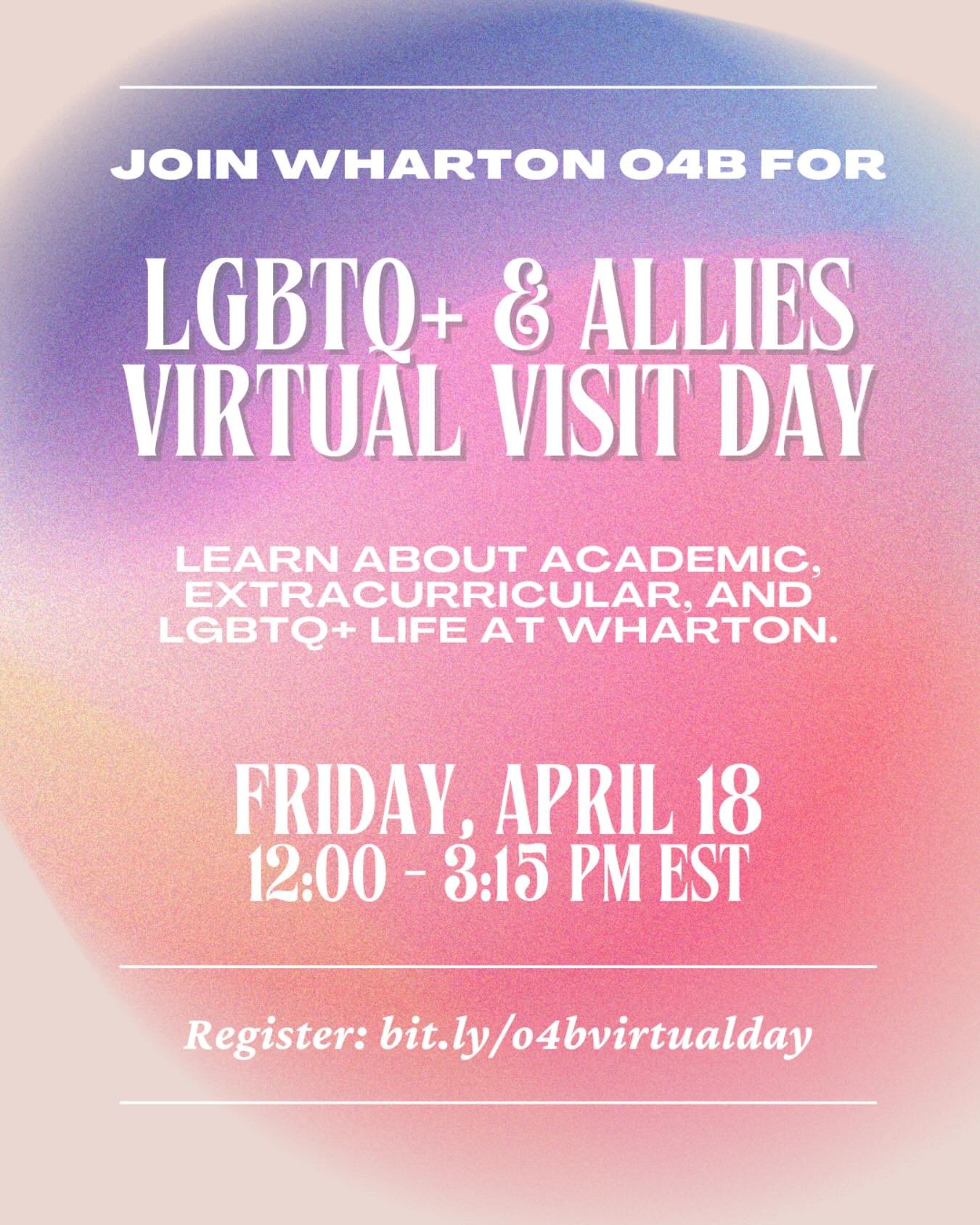 🌈 Join O4B for Wharton&rsquo;s LGBTQ+ &amp; Allies Virtual Visit Day! Dive into life at Wharton and get an inside look at our vibrant academics, extracurriculars, and inclusive community. ✨ 🔗 Link in bio to register!