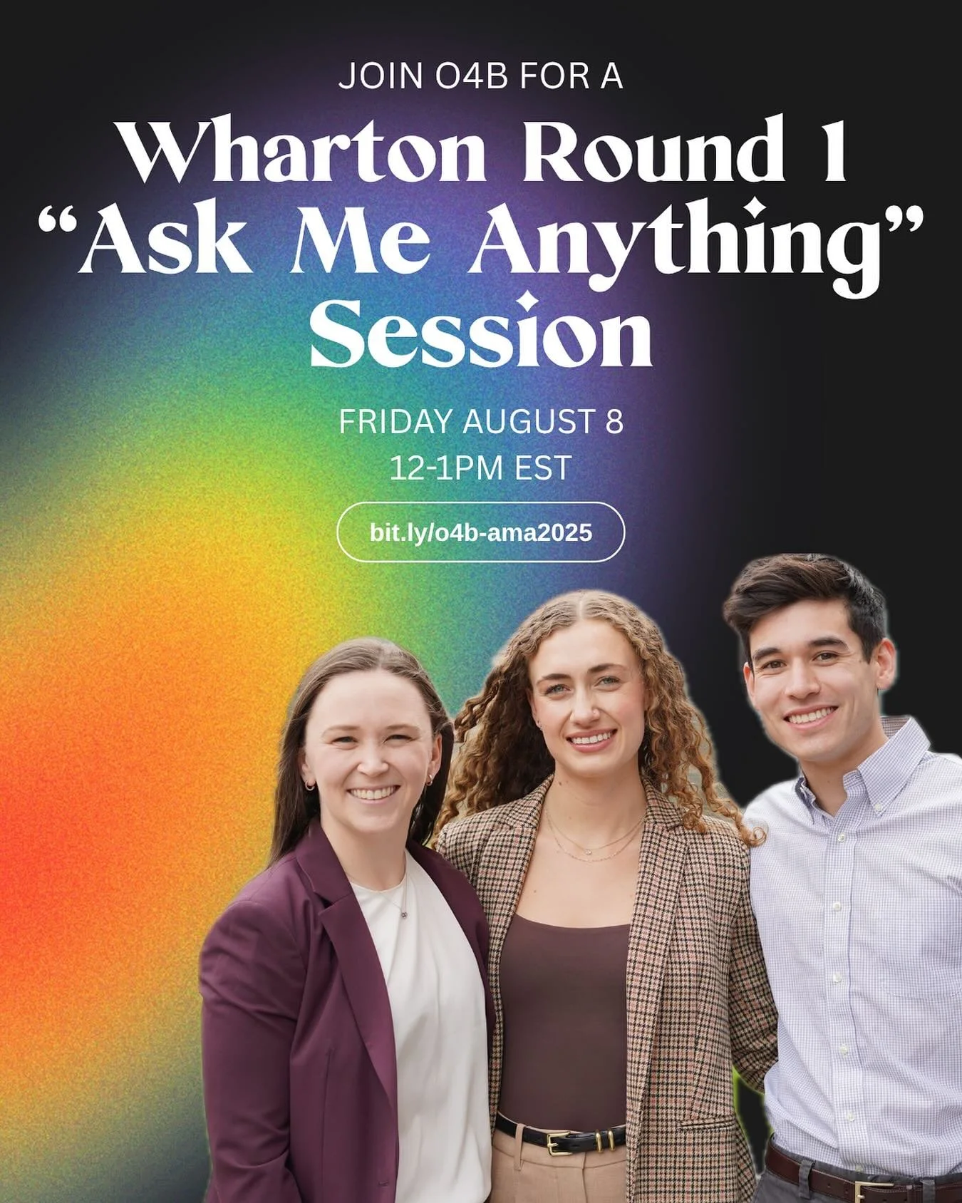 🏳️&zwj;🌈 Applying to Wharton R1?
🌟 Join O4B (Out for Business) for an &ldquo;Ask Me Anything&rdquo; virtual session! Register here: bit.ly/o4b-ama2025 or click the link in our bio!

📅 Friday, August 8
🕛 12&ndash;1 PM ET
💬 Bring your Qs about ap
