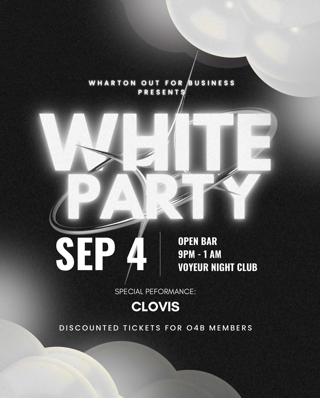 ️⚪️WHITE PARTY 2025 ⚪️
Wharton&rsquo;s biggest night: 4 hours open bar, 8 dance floors, 4 DJs (with a special performance from CLOVIS 🎶)

📍 Sept 4 | 9PM&ndash;1AM | Voyeur Nightclub

🎟 O4B Members $50&ndash;55 | Non-Members $115
⏰ Tickets drop nex
