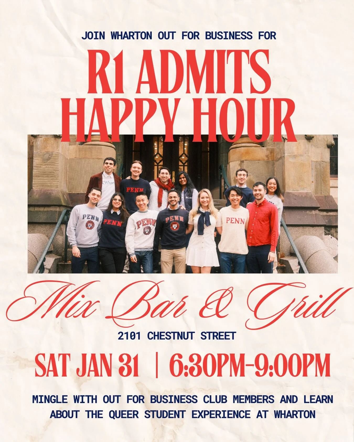 Round 1 Admits!! Come meet O4B and have a drink on us during Admit Weekend!!