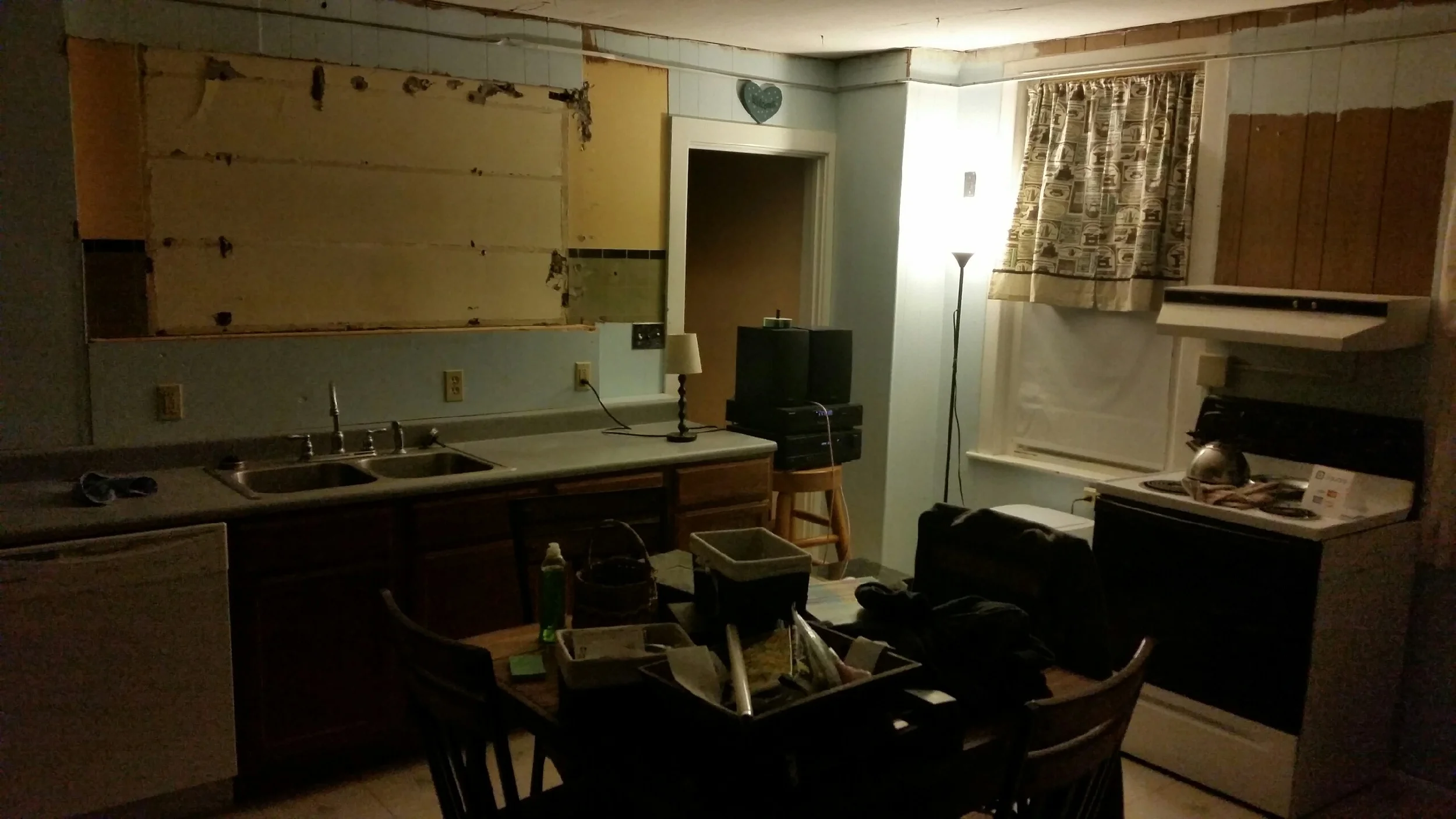 Drop ceiling and wall cabinets removed.