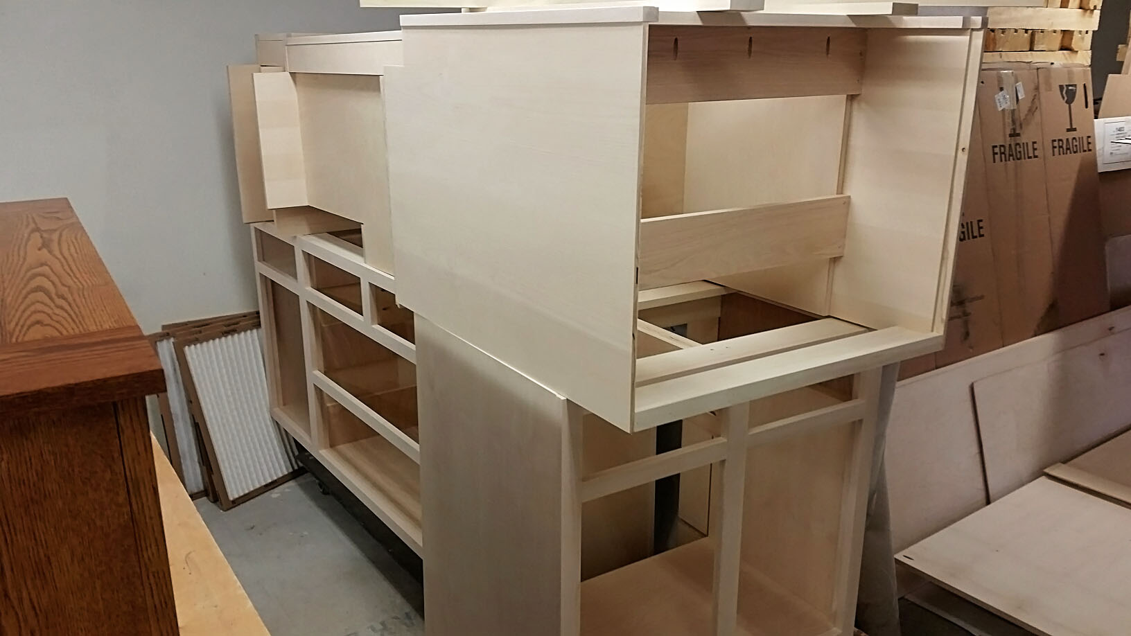 Kitchen island with pantry laying on top.