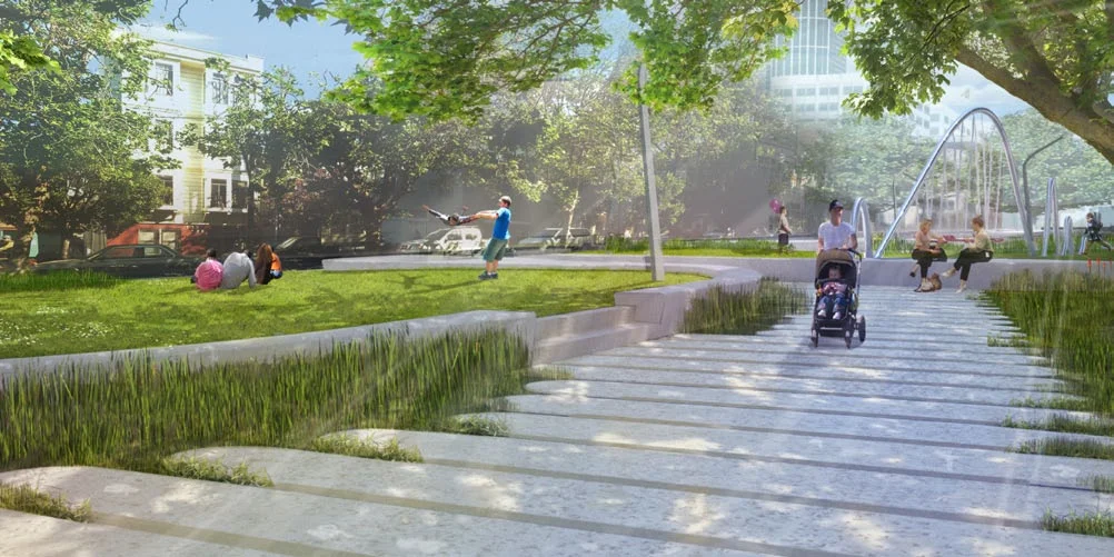 Perspective at Entry Plaza - Image courtesy of and produced by Fletcher Studio