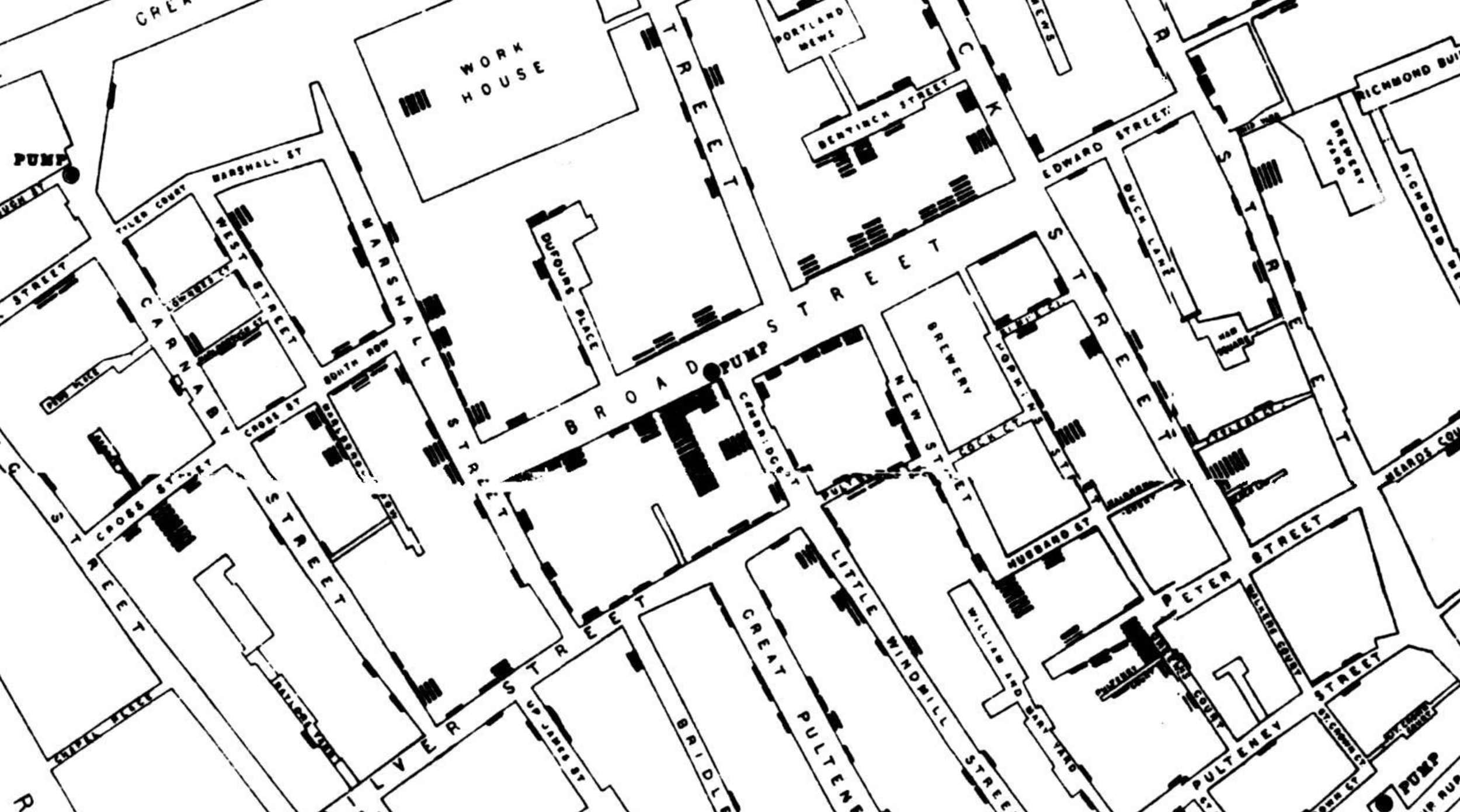 A crop of the original map by John Snow showing the clusters of cholera cases in the London epidemic of 1854, drawn and lithographed by Chalres Cheffins.