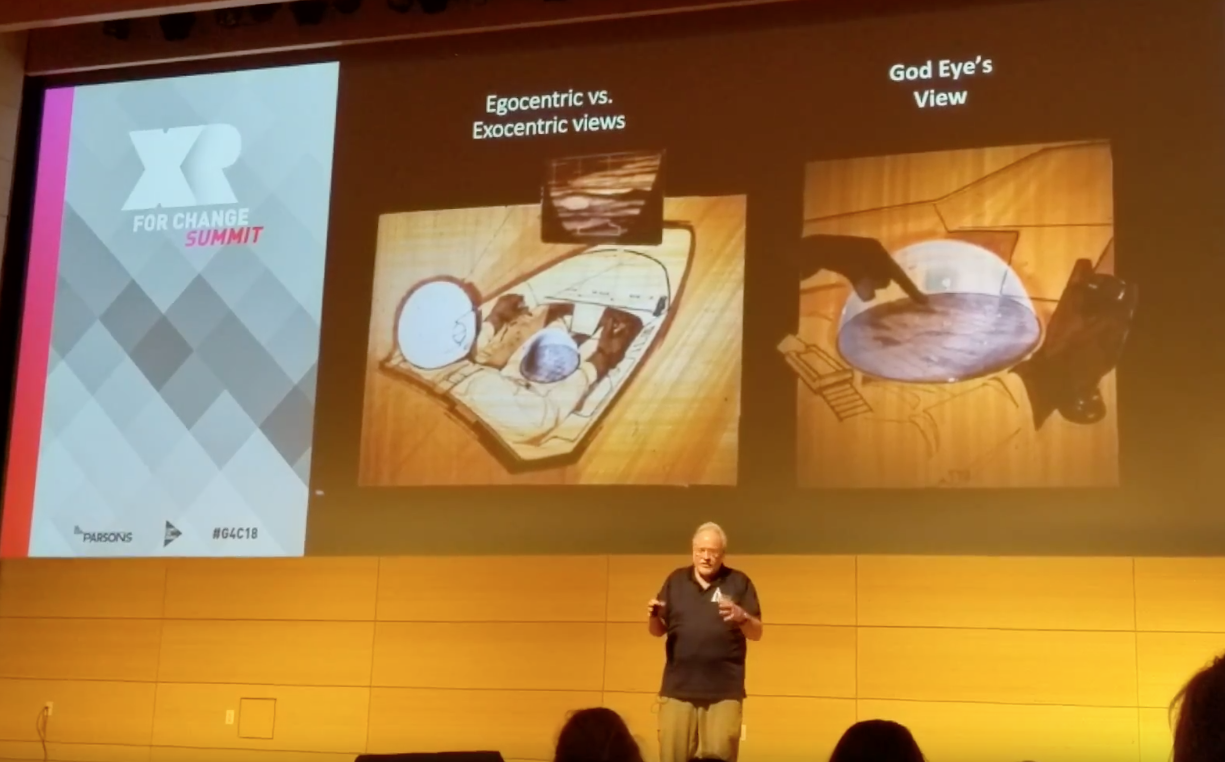 Tom Furness of the Virtual World Society displaying visualization methods where pointing at the God's Eye View can highlight the same point in the first person view HUD.