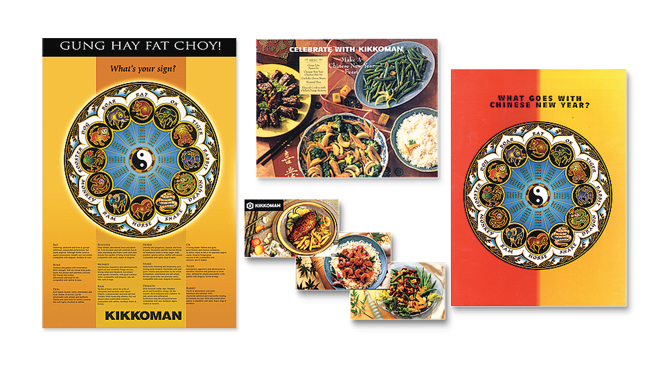 Kikkoman Chinese New Year Promotion featuring Chinese Zodiac Calendar with explanations of zodiac signs, various, consumer offers, and recipes.