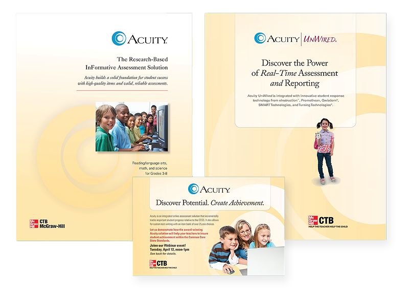 Acuity marketing materials including product-specific brochures and direct mail.      