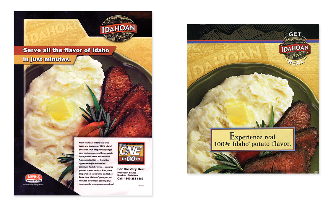 Idahoan Potatoes- trade ad, recipe booklet and direct mail for promotional campaign 