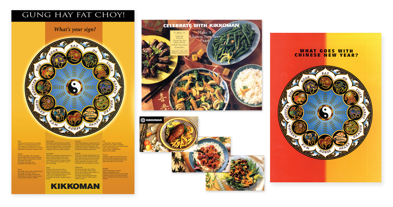 Kikkoman Chinese New Year Campaign- Free POS poster with zodiac descriptions and recipes, additional recipe cards, and sales brochure with merchandising materials.