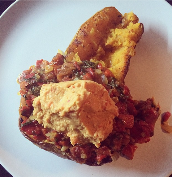 Stuffed butternut squash with spinach & roasted red peppers