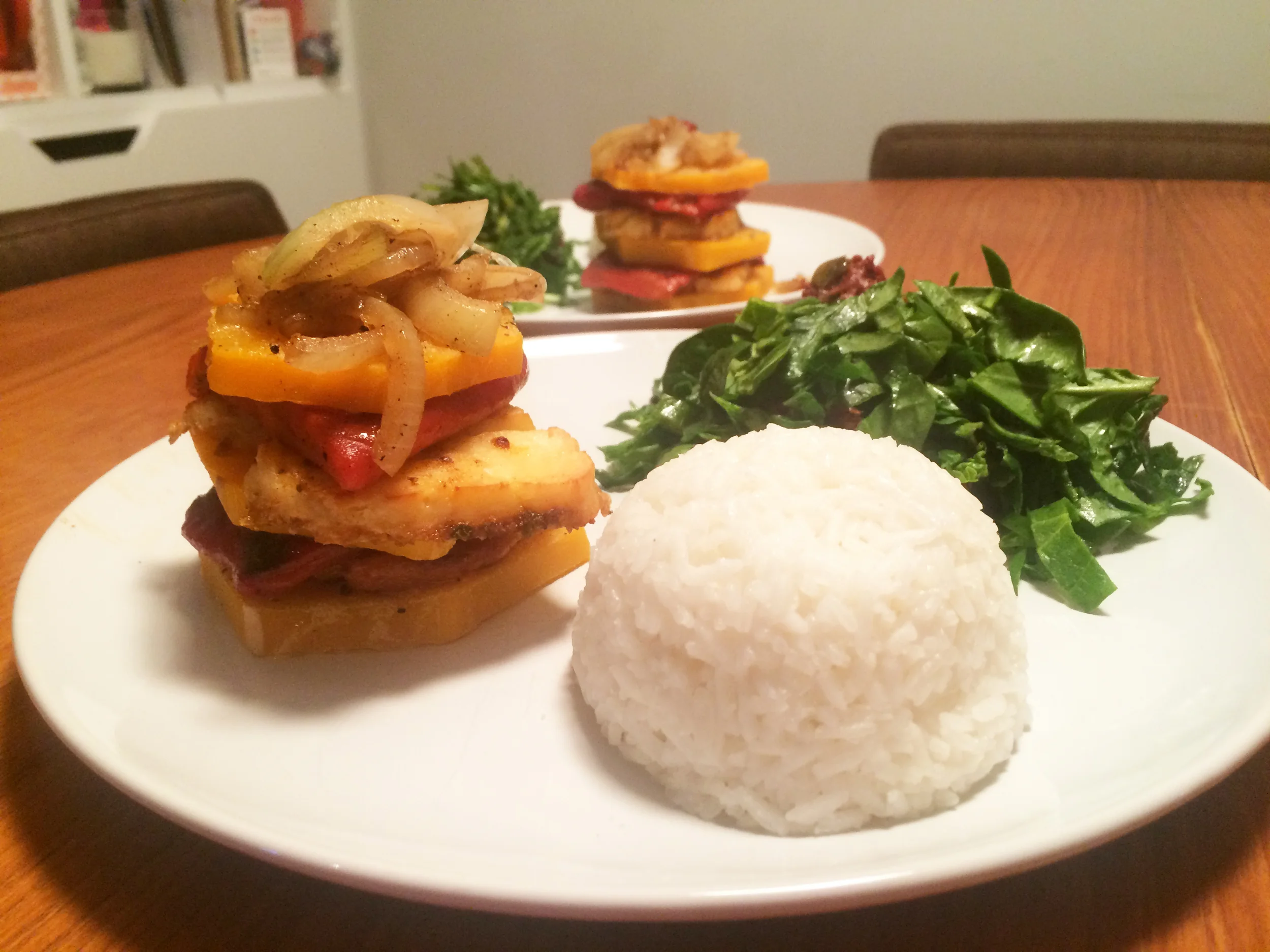 Grilled Halloumi, Red Pepper & Butternut Squash Burger Stack