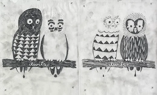 Two of the layers, drawn in 4B pencil of 'Twits'