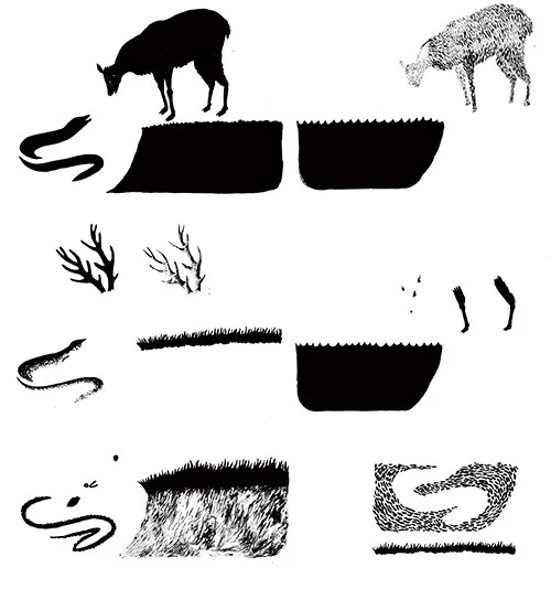The ink drawings which make-up the lead illustration. I create these drawings on paper with ink, using a light-box to register the layers in relation to the rough. I then scan these and compose the illustration and colour it digitally, adding scanned in paper textures to soften the overall final artwork.
