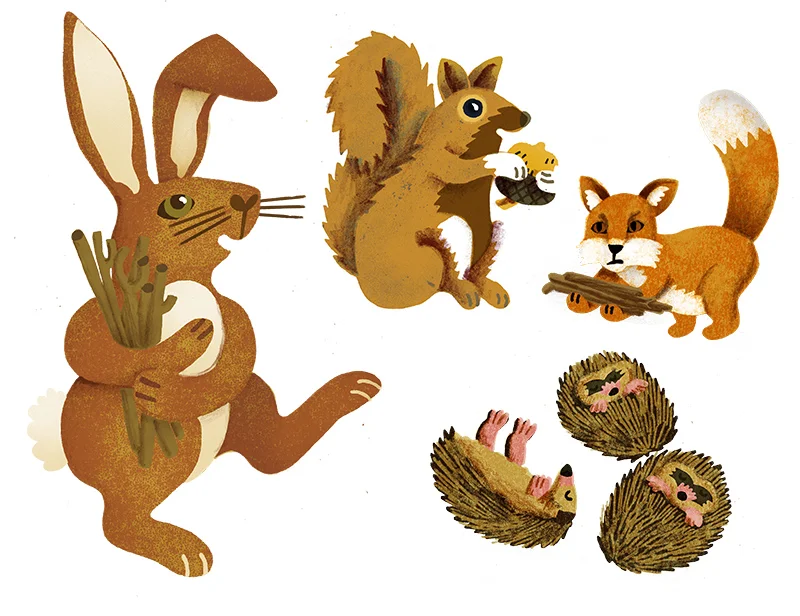 Some of the animals as separate elements. One of the hedgehogs didn't make the final cut.