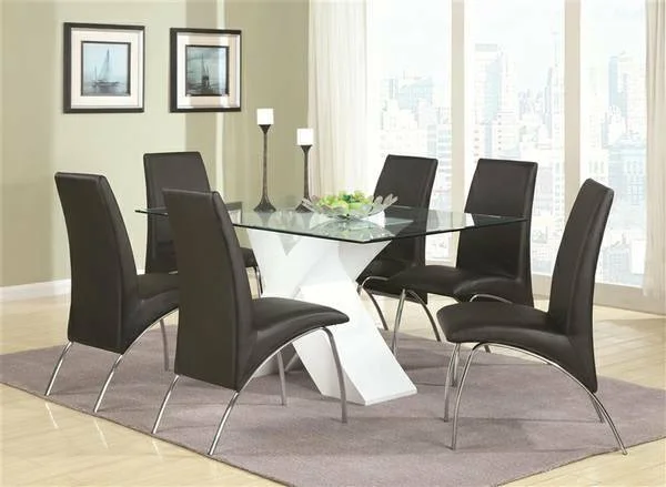 All beveled glass 72" x 44" table top with a very bold base made in deep brown ash hardwood veneers. 4 dark brown comfortable leatherette chairs included, $669 (List $995). Additional chairs are available for $69 each