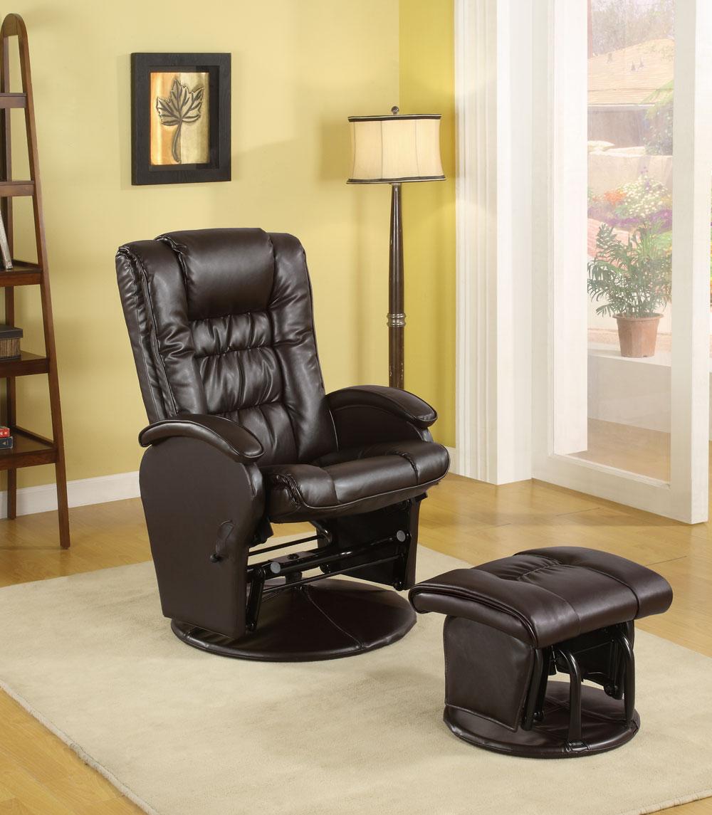 Padded seating and smooth gliding mechanism, covered in durable leather like brown vinyl. Comes with matching ottoman