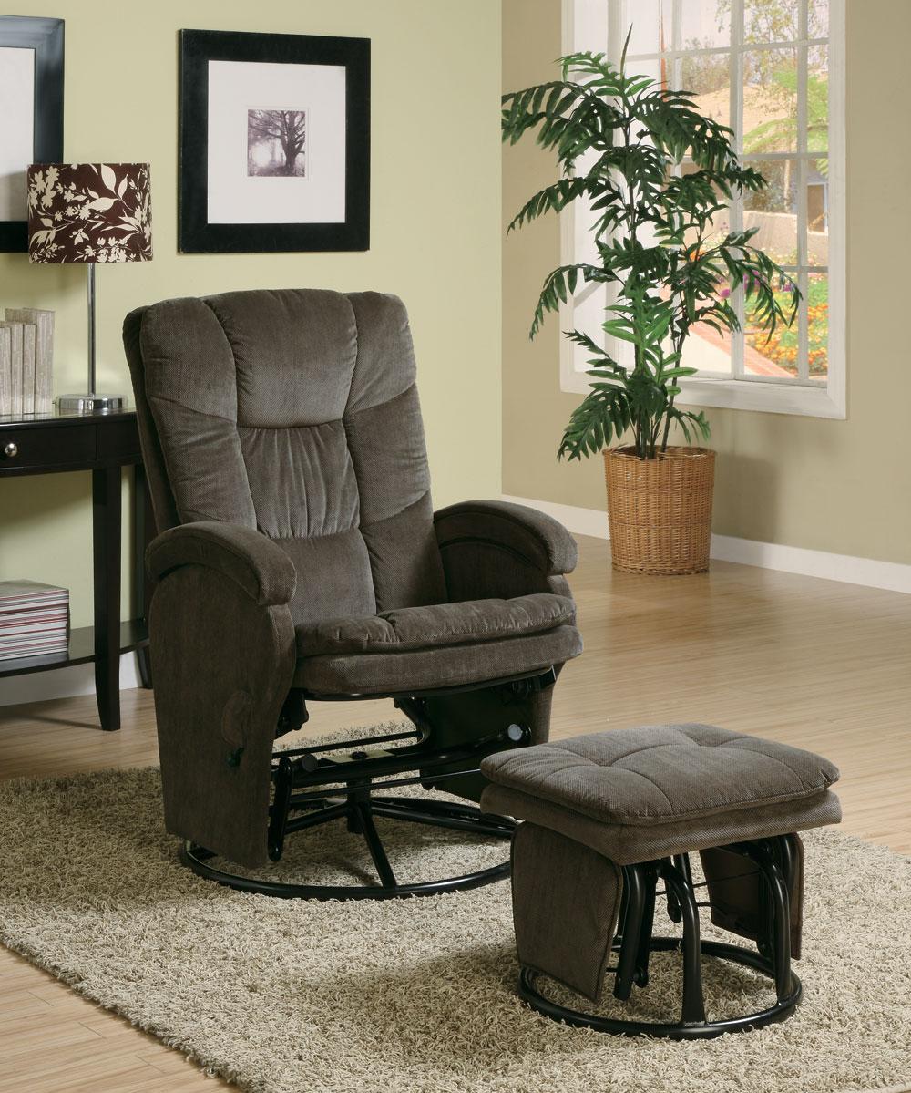 Chocolate chenille reclining glider with matching ottoman