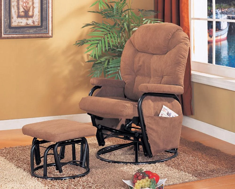 Brown microfiber swivel reclining glider with ottoman