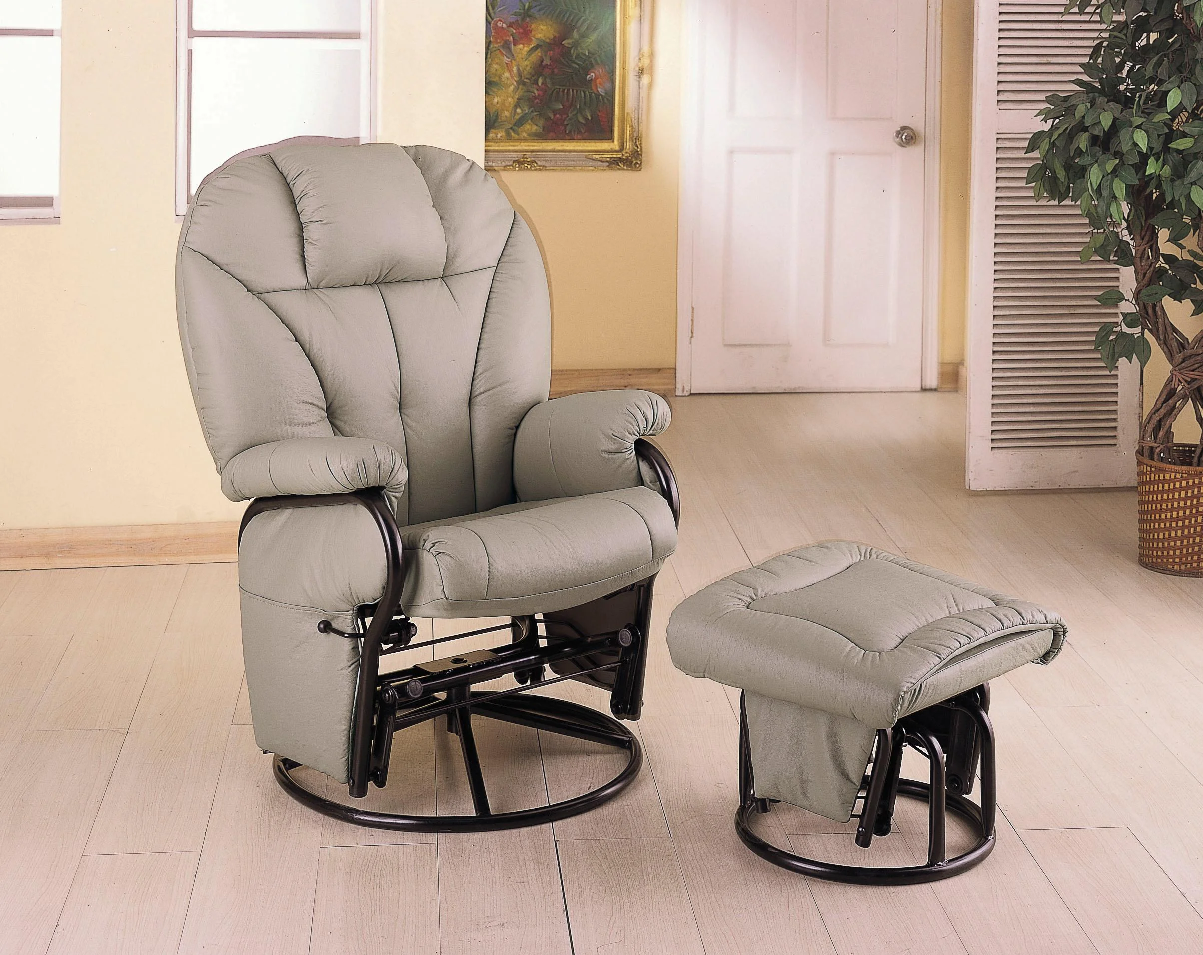 Taupe leatherette cushion swivel glider with matching ottoman