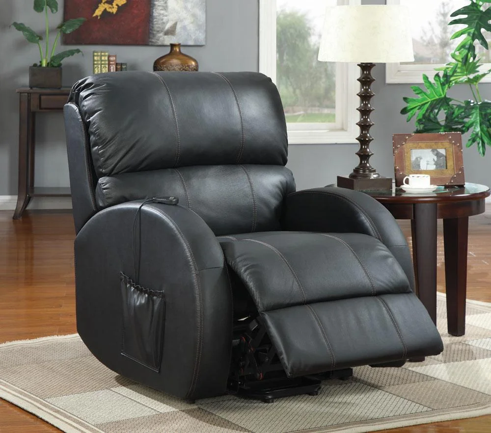 With this power lift chair, you can effortlessly sit up without straining your back or knees. Wrapped in a black top grain leather seating with durable vinyl back and sides