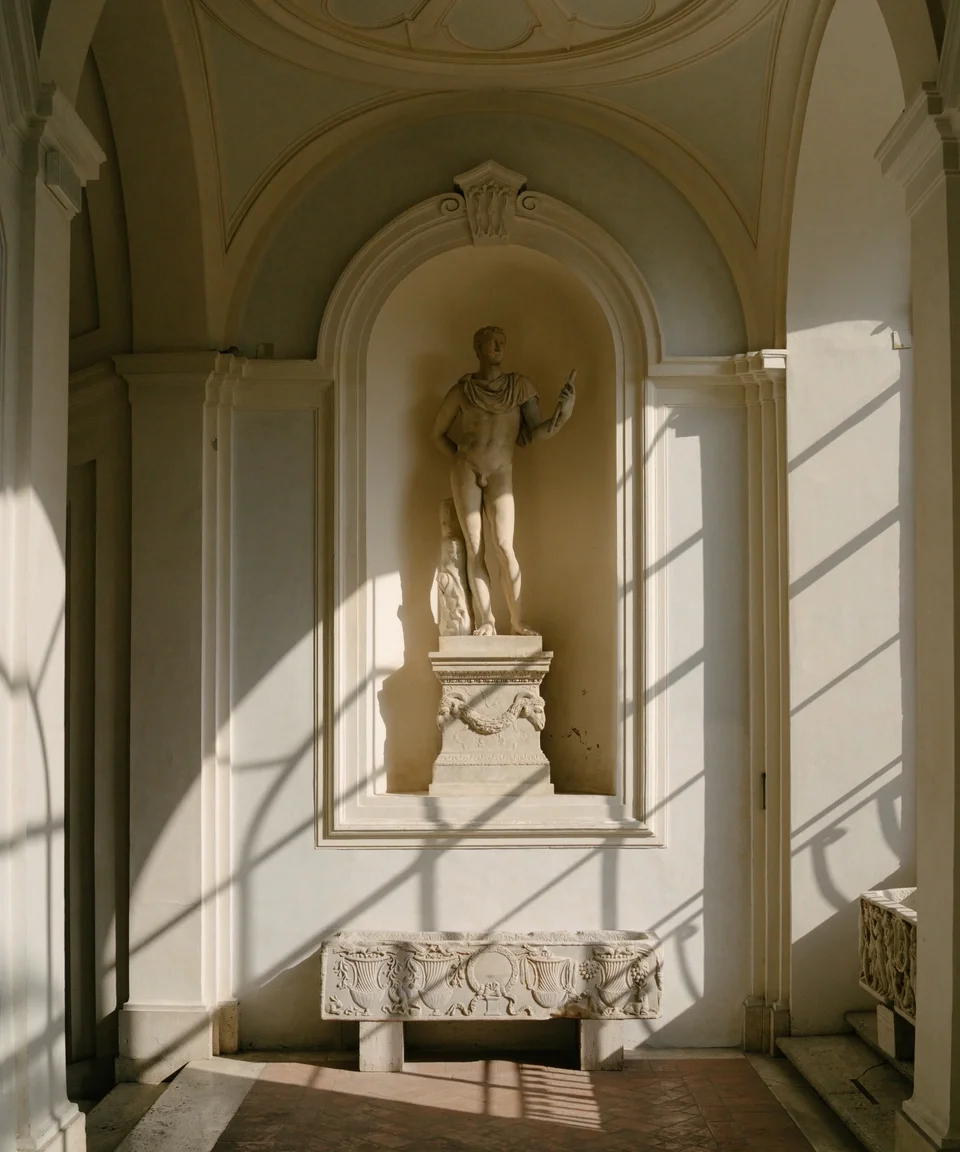 Statue of a male figure holding a scroll, placed on a pedestal inside a decorative alcove, with sunlight casting shadows through a window.