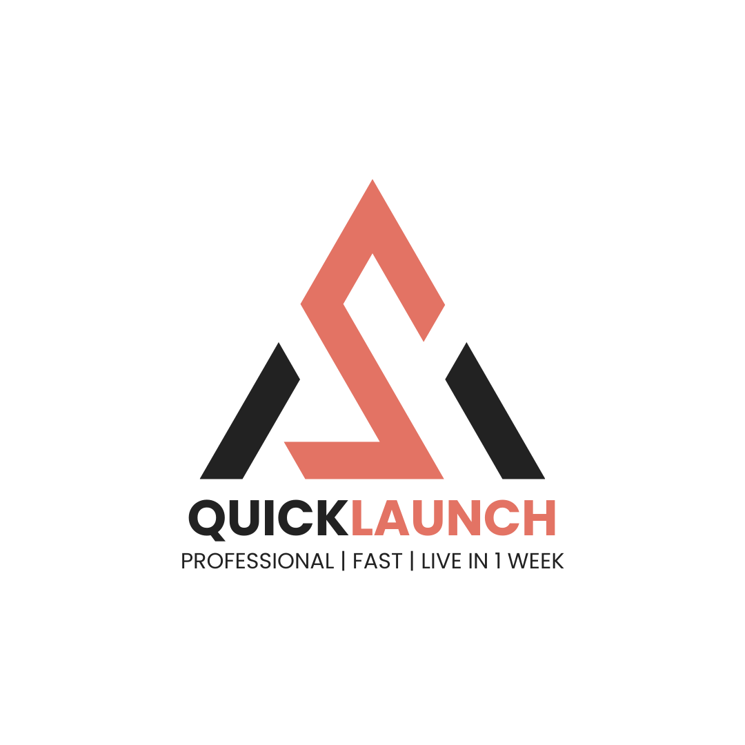 Logo for Quick Launch, featuring an abstract arrow type design in coral and black, with the tagline 'Professional | Fast | Live in 1 Week'.