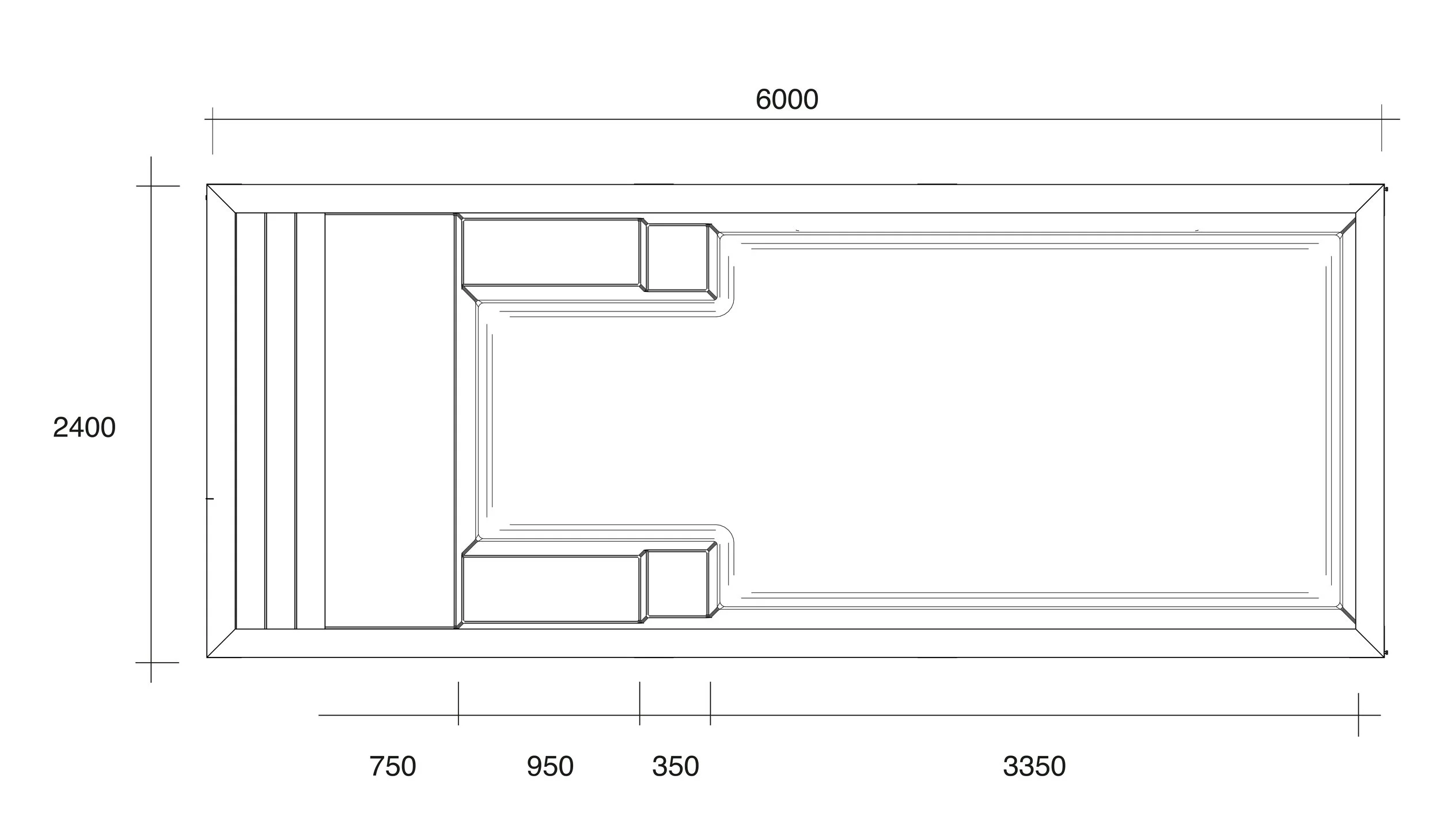 A technical drawing of a rectangular room with labeled dimensions, including a detailed layout of built-in furniture or fixtures along two walls.