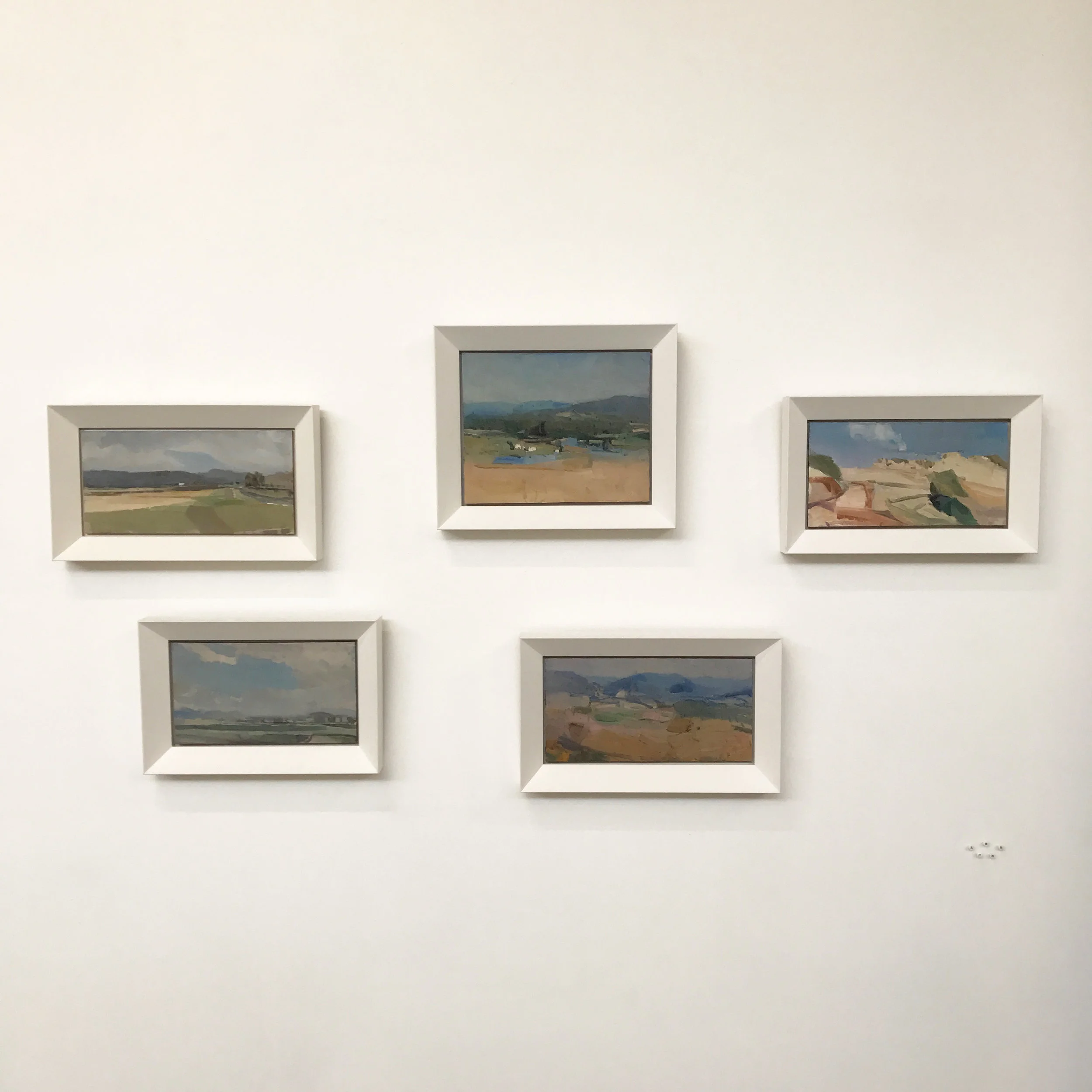 Chris Langlois, from left, Sketch (Kerry), no 3, oil on board, 2013; Sketch (Tamrookum) no 3, oil on board, 2014; Sketch (Tumut River) no 1, oil on board, 2014; Sketch (Mt Noughton) no 2., oil on board, 2014; Sketch (Capel Hill), no 1., 2014. Contac…