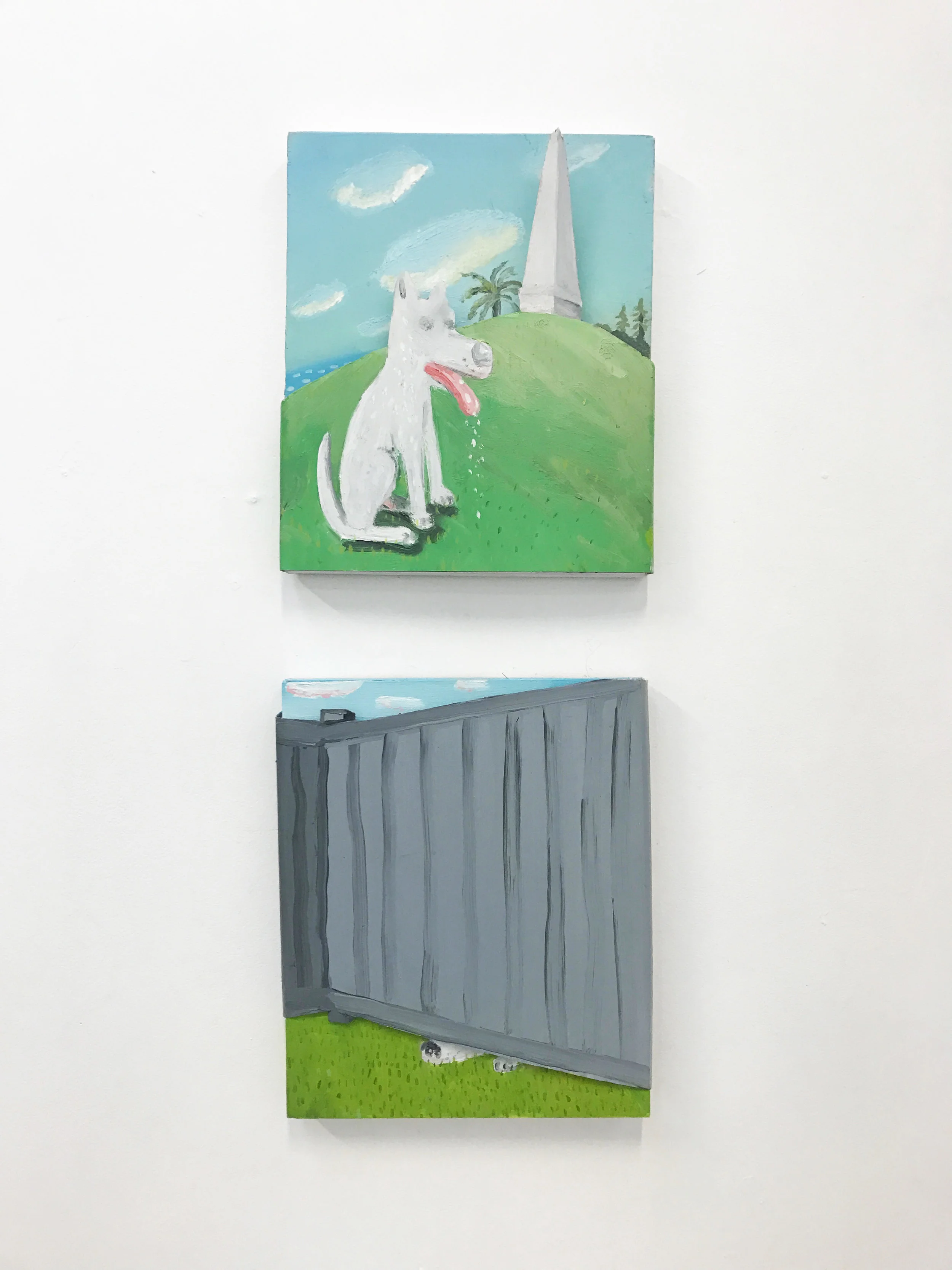 Top: Michael Bell, The Obelisk and dog, Newcastle, mixed media on board and aluminium, 2018, and bottom: Under the fence, mixed media on board, 2018 $550 each