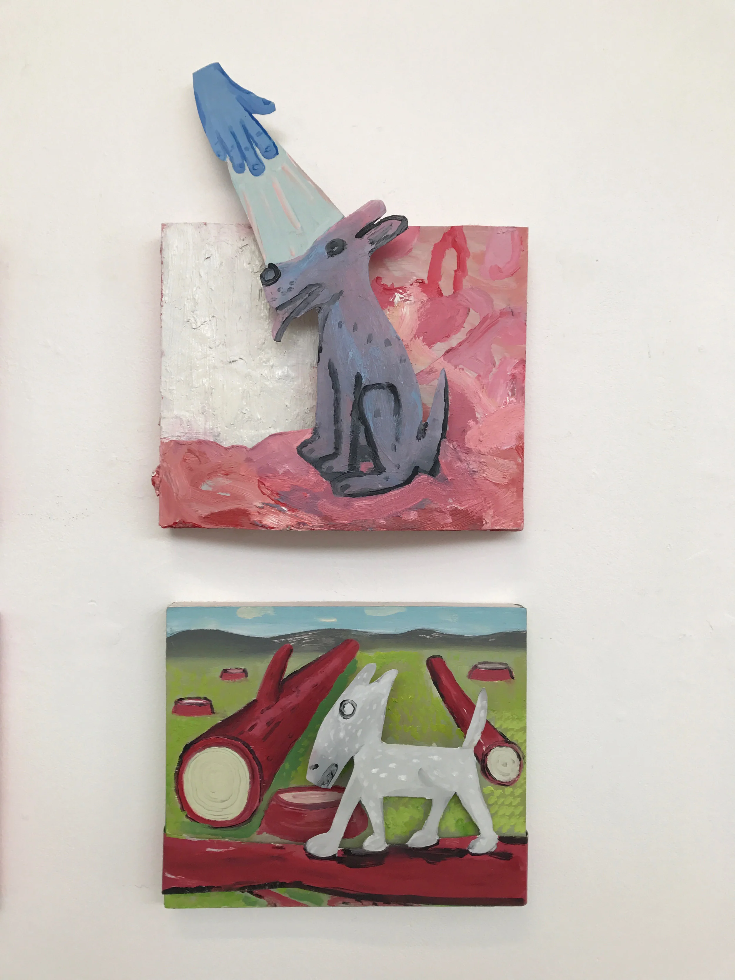 Top: Michael Bell, The dog Blessing, mixed media on board on aluminium, 2017, and bottom: White dog with Cut Down Trees, mixed media on board, 2018 $550 each