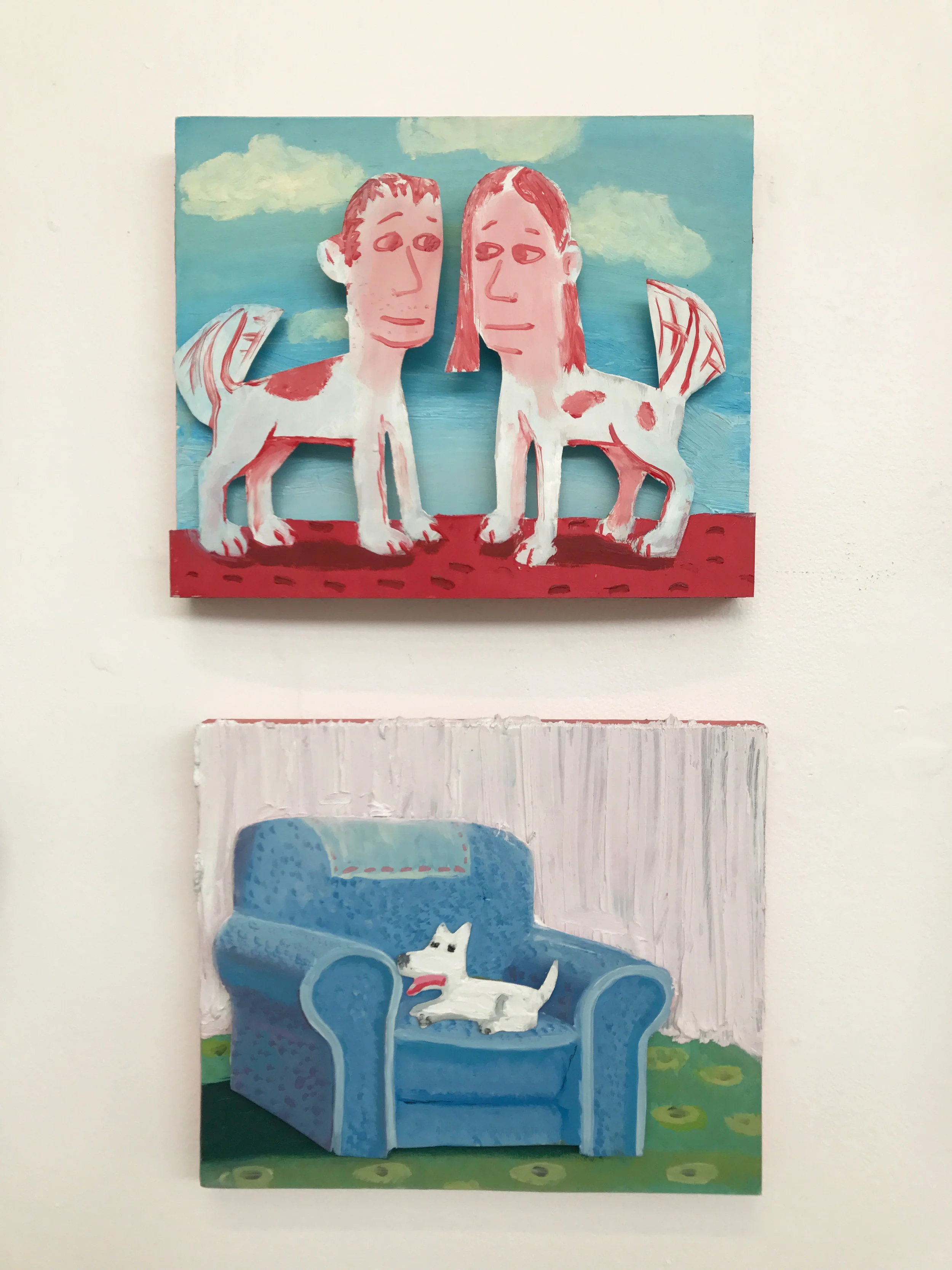 Top: Michael Bell, Two Dogs in the Street, mixed media on board on aluminium, 2018 (SOLD), and bottom: Larry’s Chair (for L. Rivers), mixed media on board, 2018 $550 each