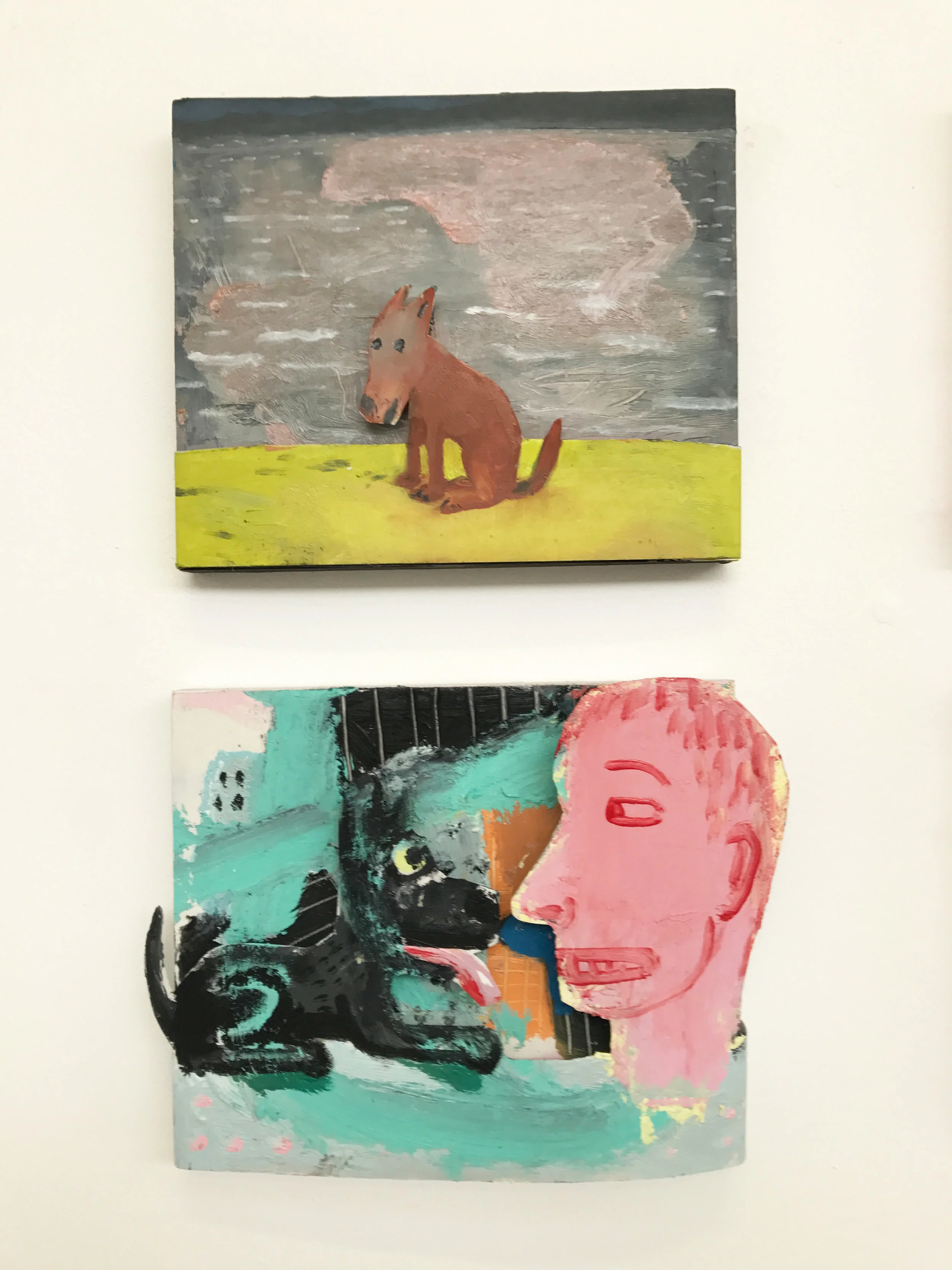 Top: Michael Bell, The Sea, mixed media on board on aluminium, 2018, and bottom: Black dog and head, mixed media on board on aluminium, 2018 $550 each