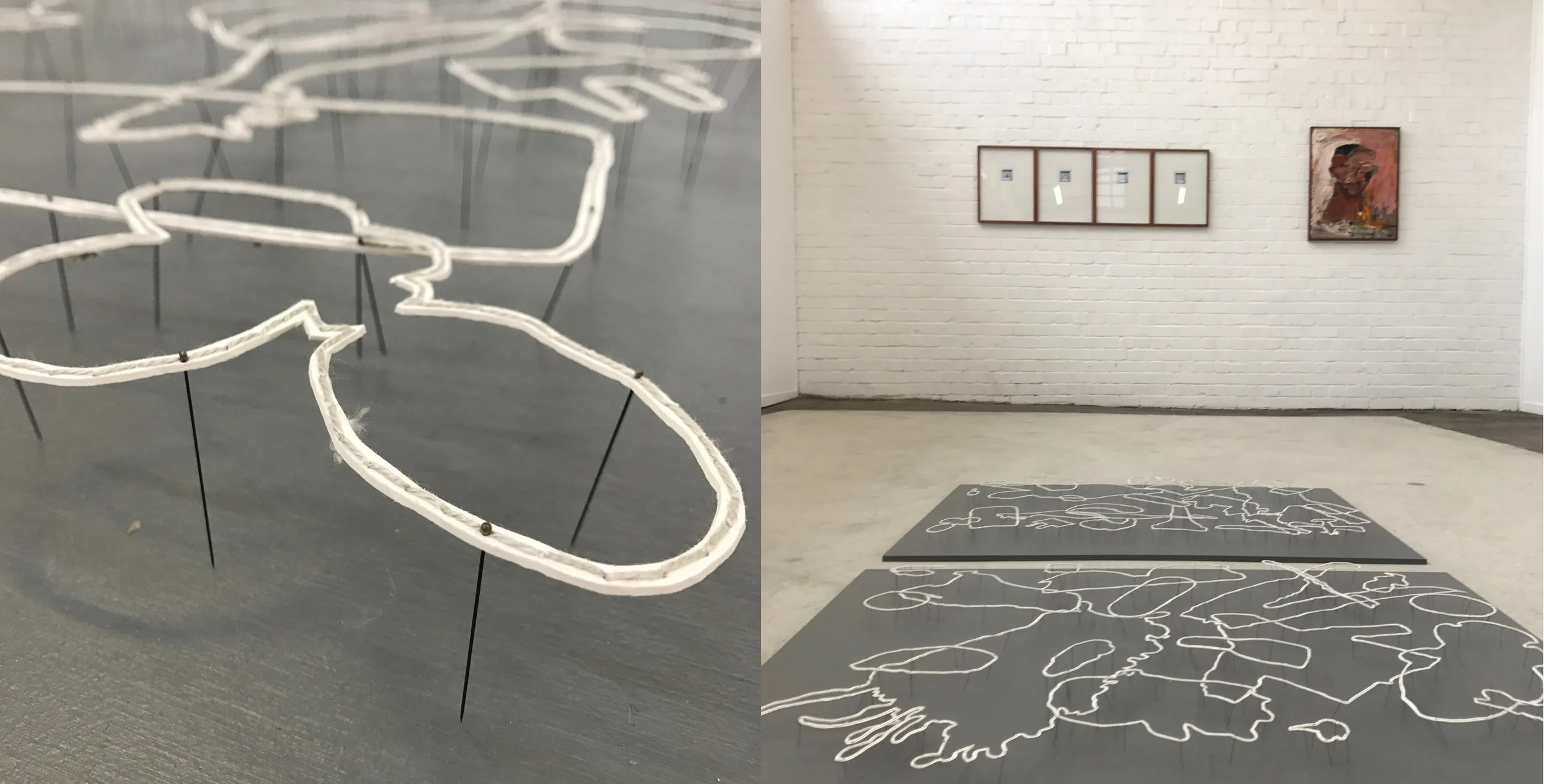 Detail and install shot of Niomi Sands, catalogue of the lost, 2018, arches paper, cotton, pins; with works by Lottie Consalvo and James Drinkwater.