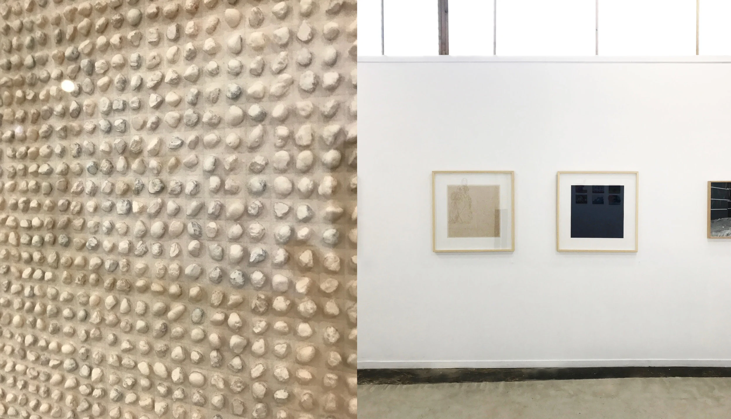 Detail and install shot of Lezlie Tilley, 9866 tiny stones arranged according to the laws of chance (ivory), 2015, unbleached titanium, mixed media on paper 53 x 53 cm $3400; and 9866 tiny stones arranged according to the laws of chance (Prussian Bl…