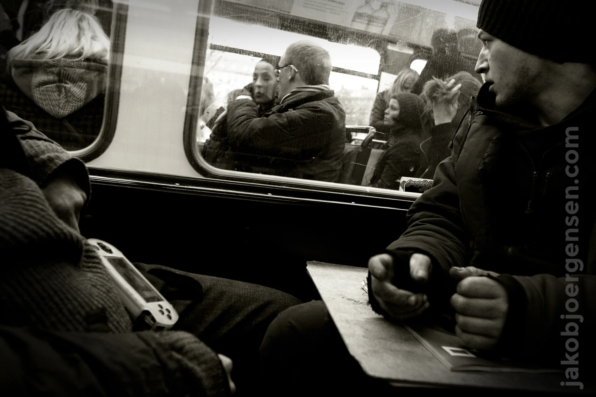 Eddie on his way to the local pusher. The tram is one of the few places
where he and his friend gets close to non-drug addicts. Often people try
to avoid Eddie and his friends