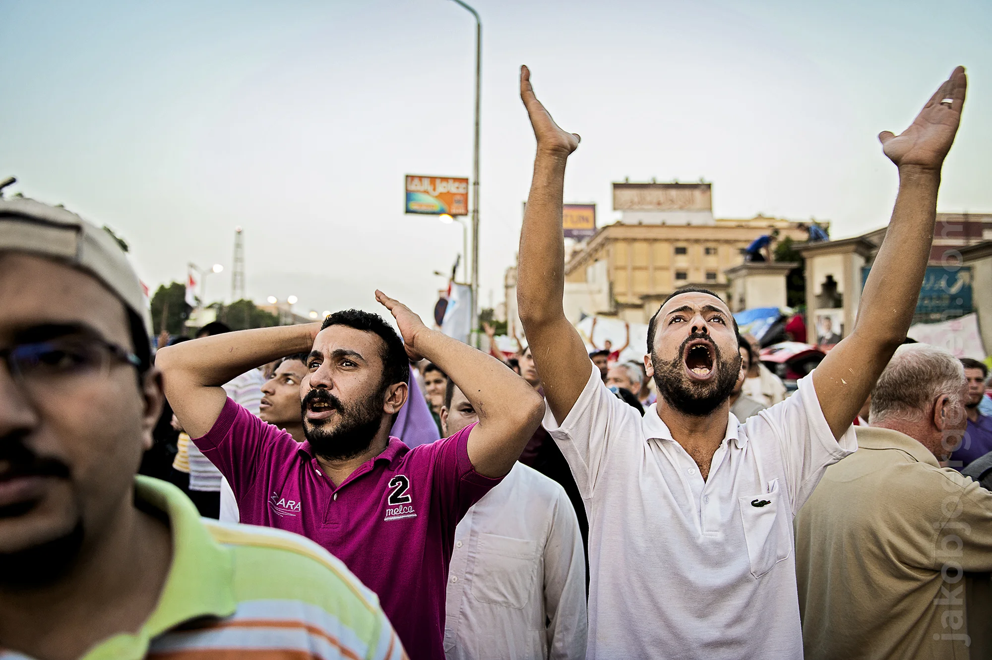 Pro-Mursi supporters from The Muslim Brotherhood at Rabaa Square during Friday prayers. July 2013. 