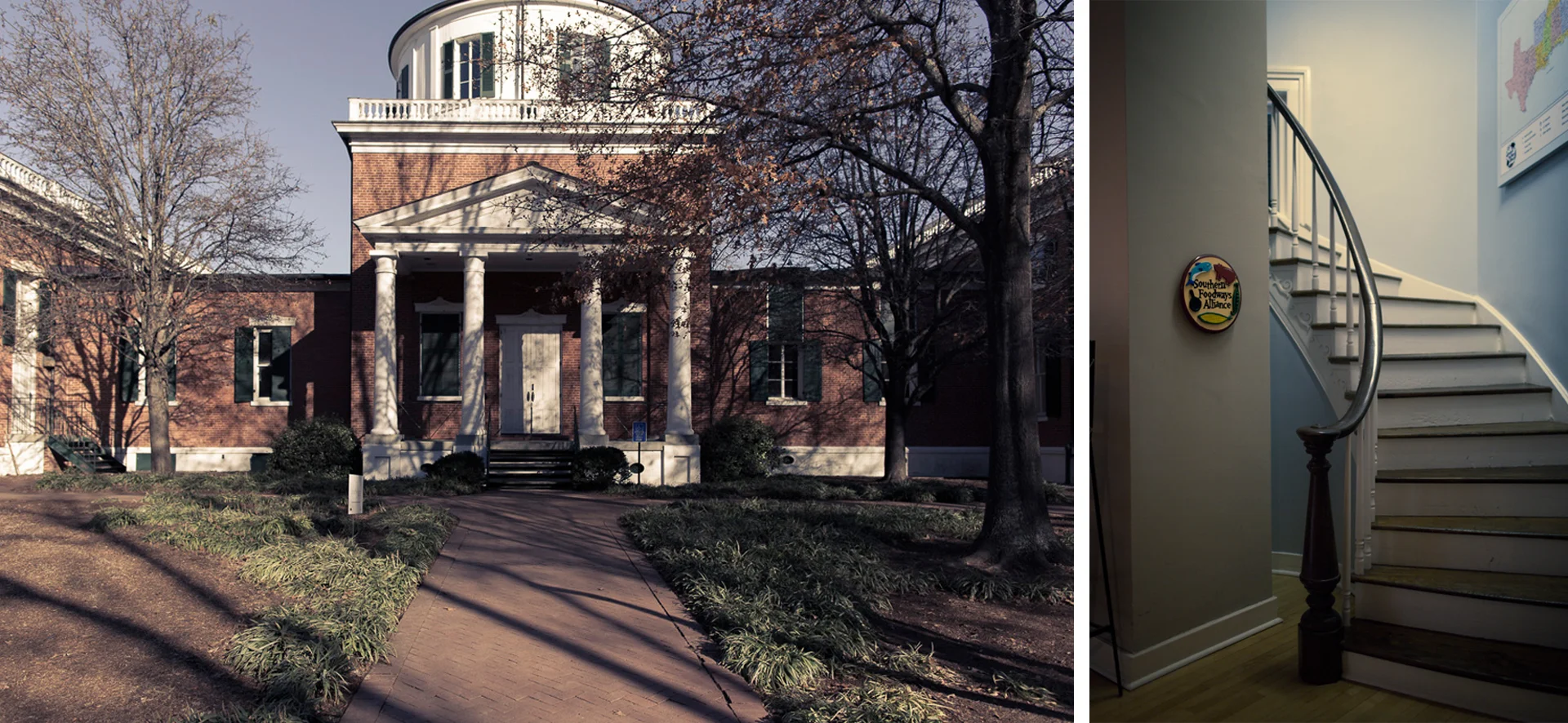 The Barnard Observatory (left) and the steps that lead to where its telescope was supposed to go.
