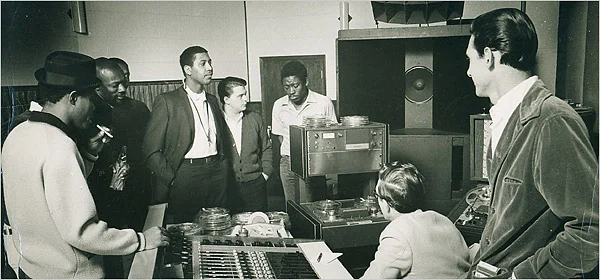 From left, the musicians Sam Moore, Isaac Hayes, Andrew Love, Wayne Jackson, Dave Prater, Jim Stewart and Steve Cropper. Photo from Stax Museum of American Soul Music.