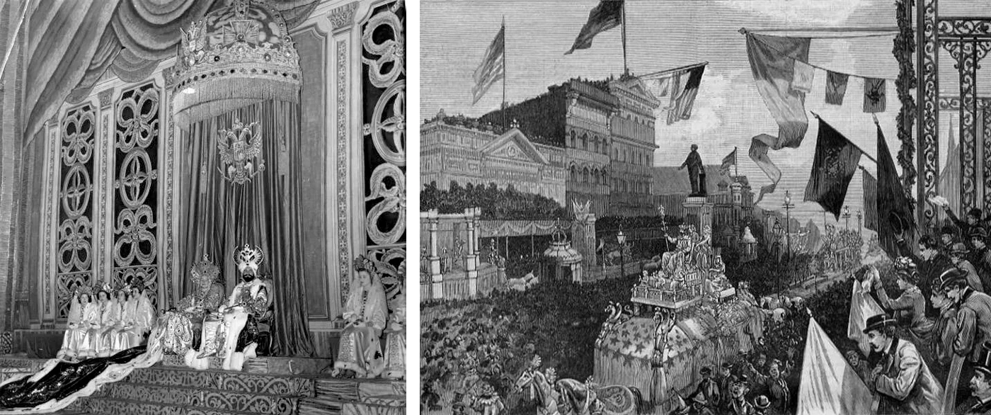 Left: Mardi Gras king and queen on throne with attendants. Right: The Carnival at New Orleans , a wood engraving drawn by John Durkin and published in Harper's Weekly , March 1885.