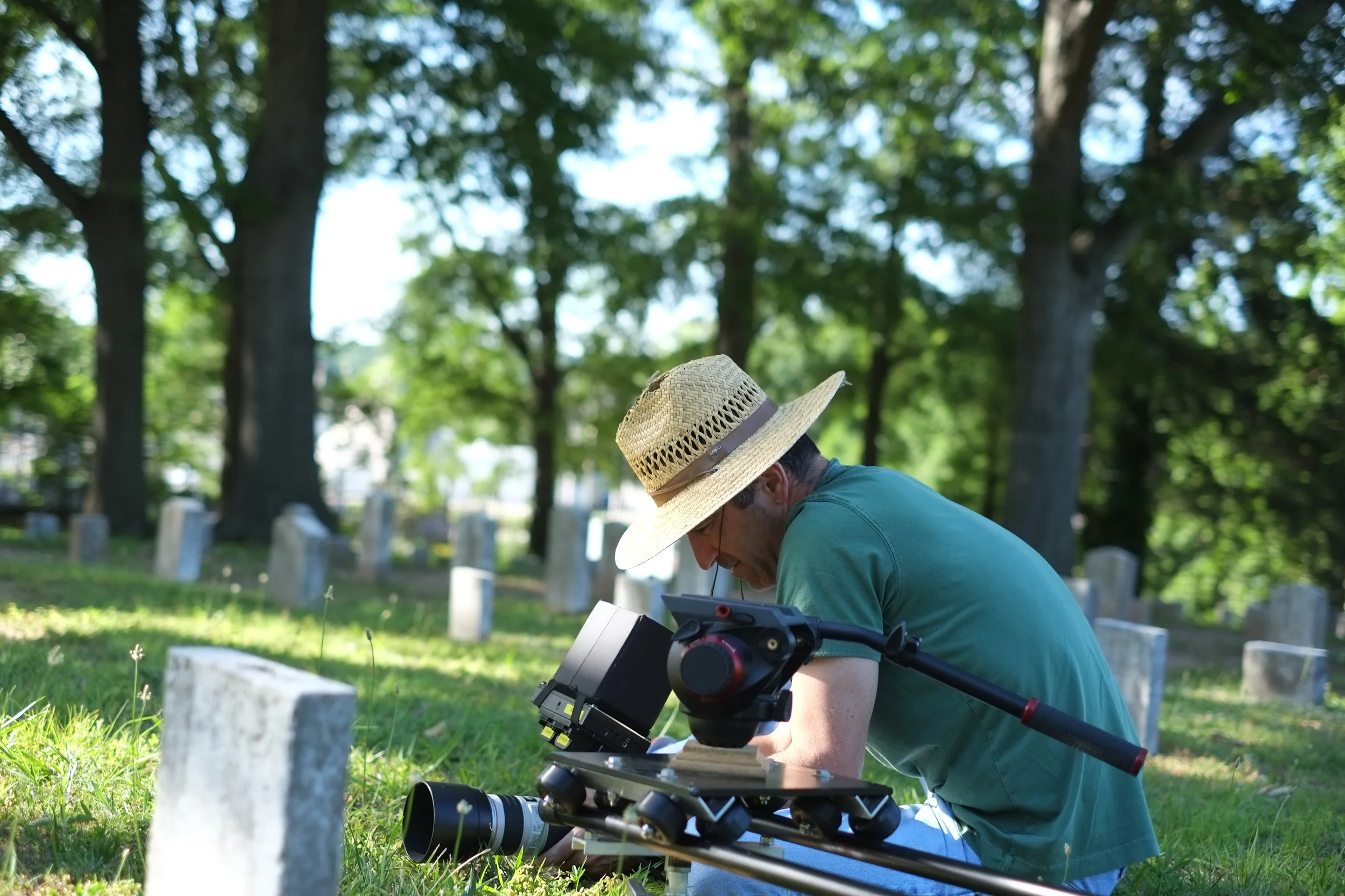 Cinematographer Yoram Astrakhan shoots scenics in the Marietta Confederate Cemetery.