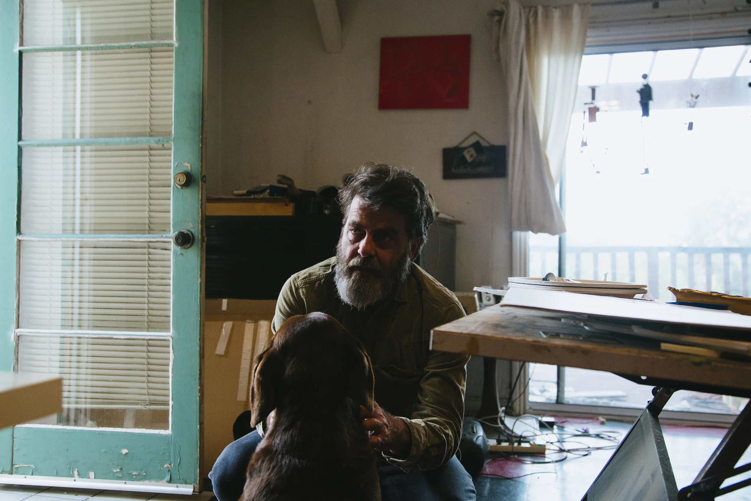 Wayne and his dog, Mabel, in his Los Angeles studio.
