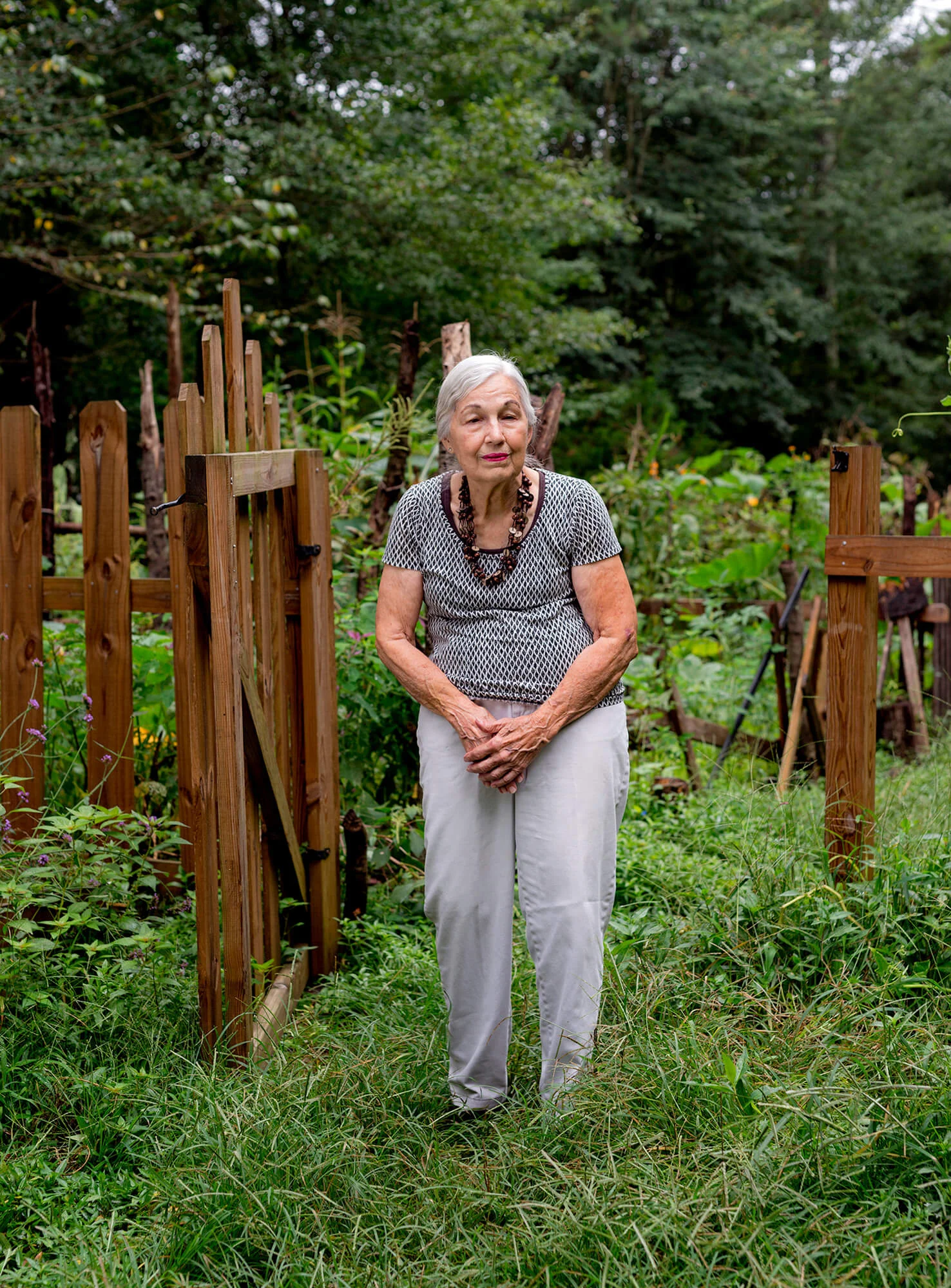 Friends of Refugees Founder Pat Maddox — aka "St. Pat of Clarkistan" — at the Forty Oaks Nature Preserve, just next to her property in Clarkston. 