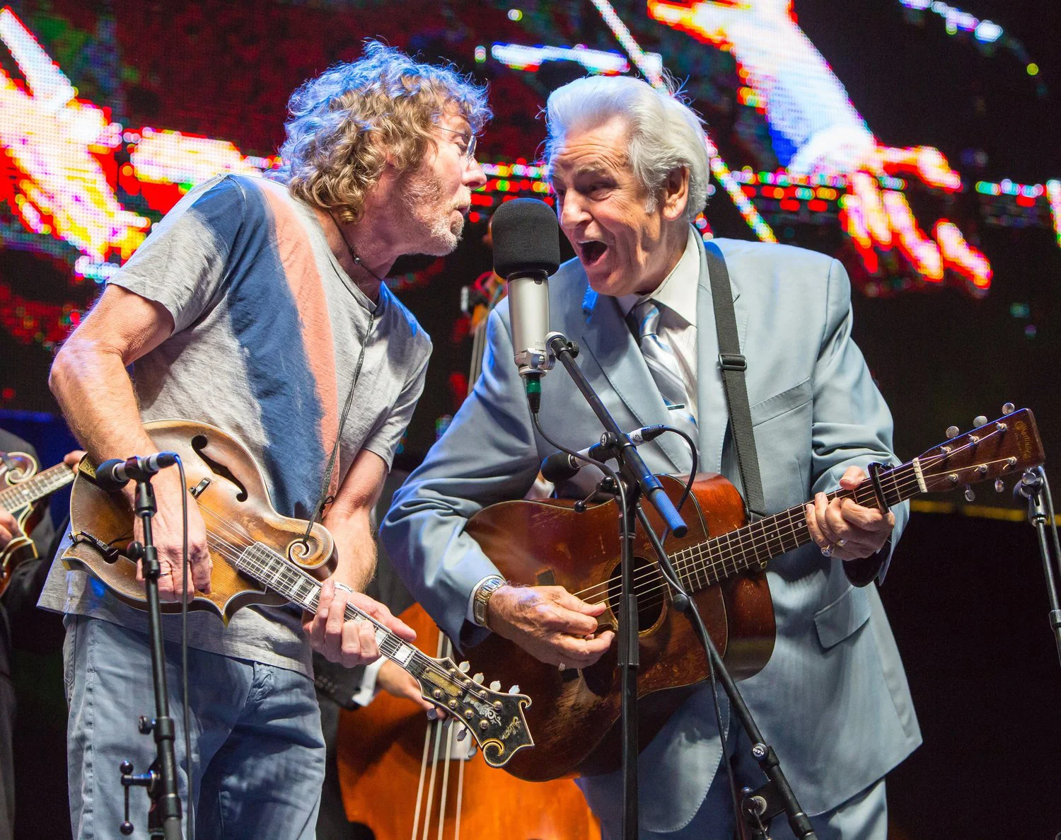Bluegrass legends of the new and old schools: Sam Bush performs with Del McCoury.