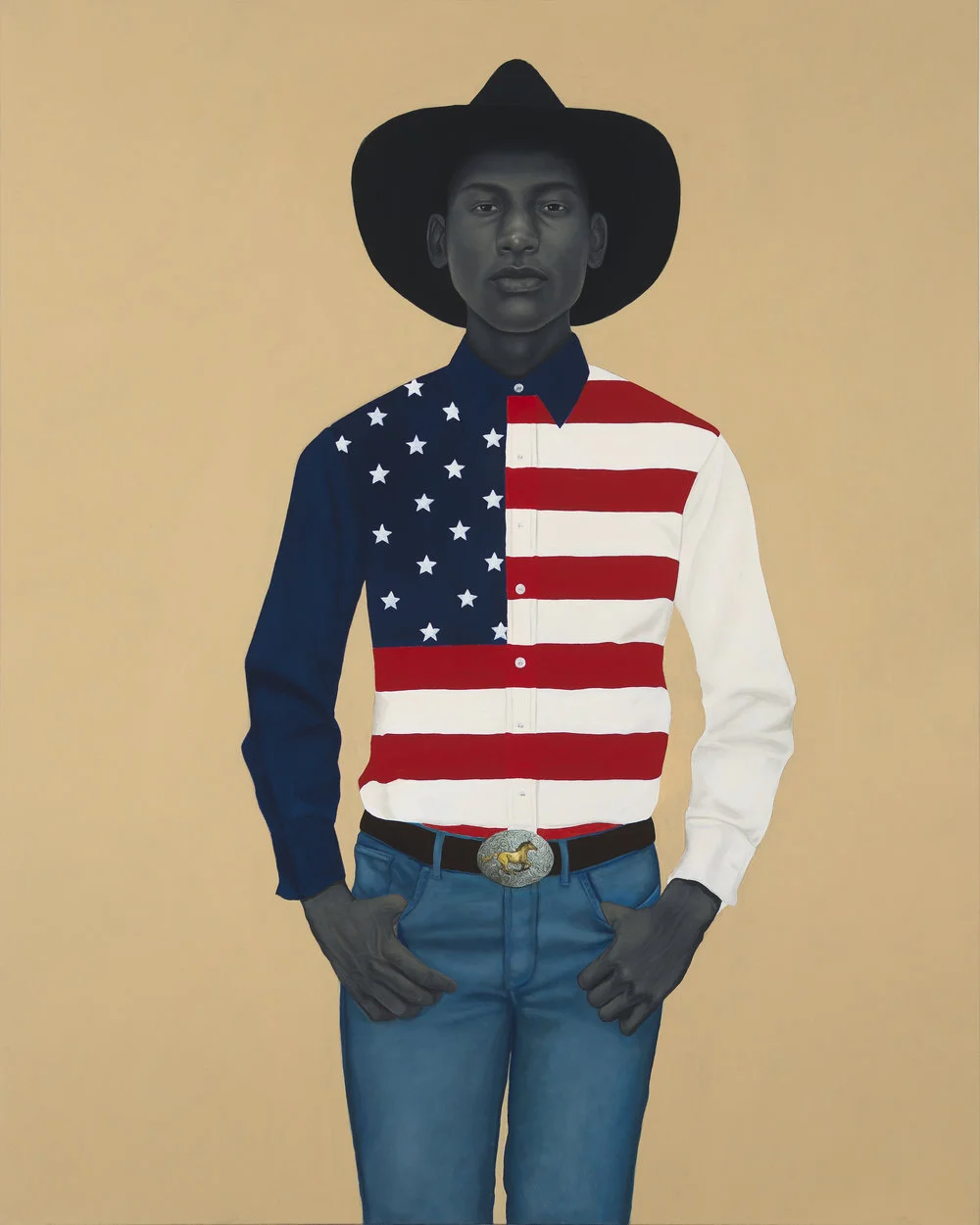 WHAT'S PRECIOUS INSIDE OF HIM DOES NOT CARE TO BE KNOWN BY THE MIND IN WAYS THAT DIMINISH ITS PRESENCE (ALL AMERICAN). 2017, 54 x 43 inches, Oil on Canvas